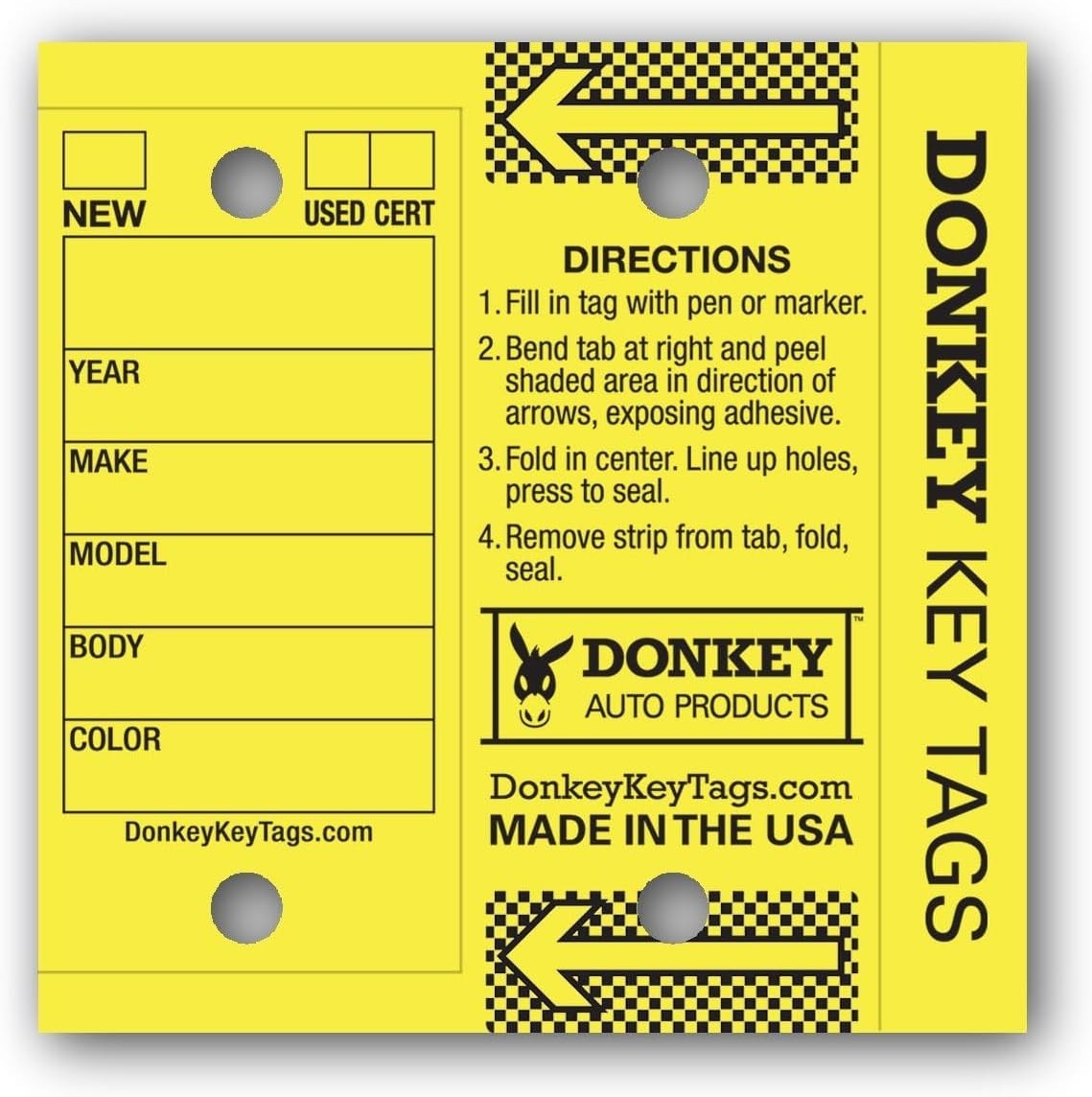 Key Tags, Laminated Self-Protecting (250 Tags Per Box with Metal Rings) (Yellow
