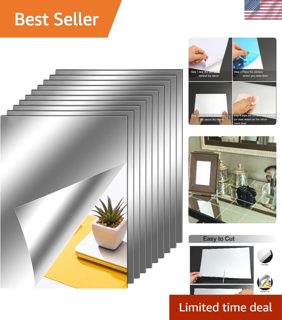 Reflective Non-Glass Mirror Tiles – 10x 9×13 Inch Peel and Stick Elegant Decor