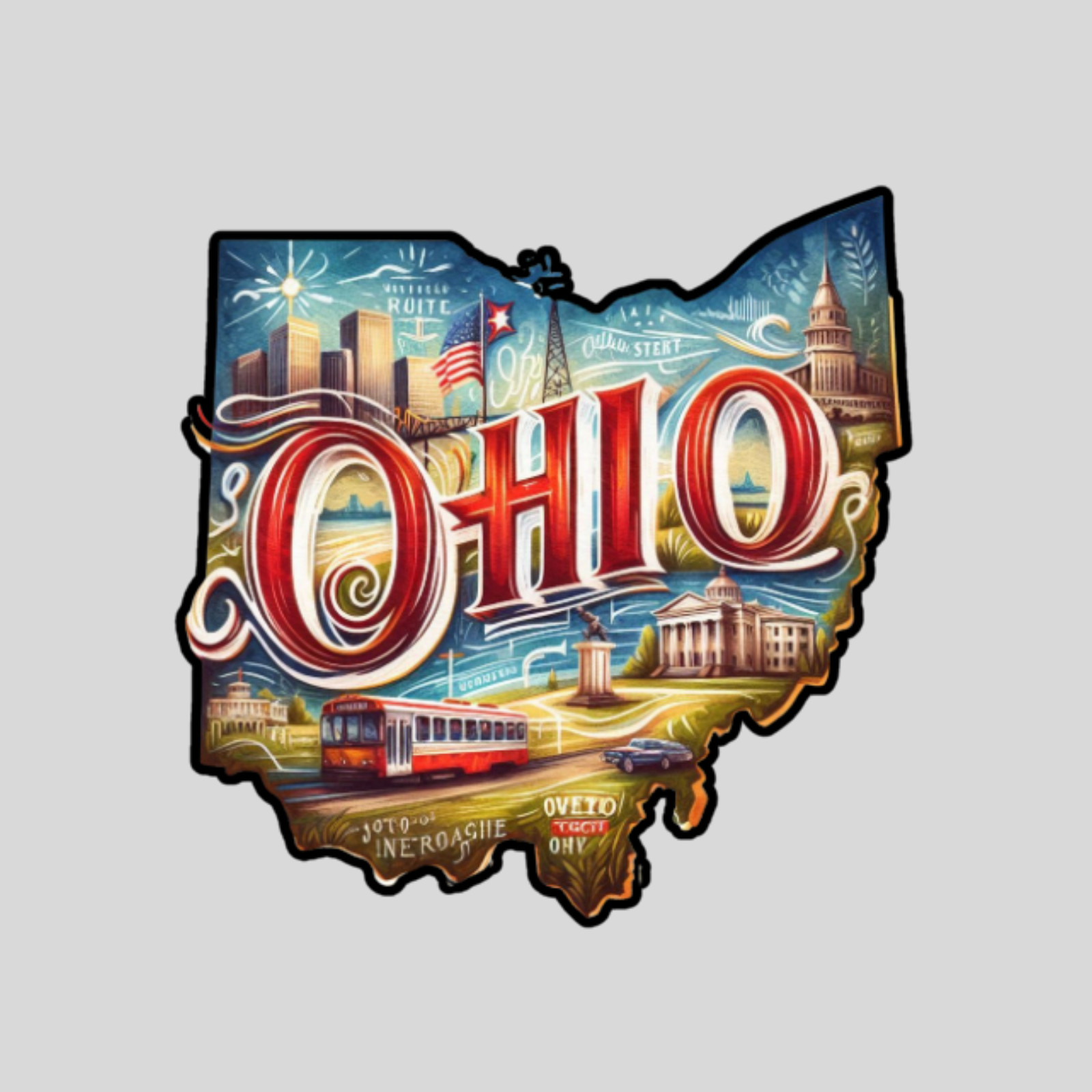 Ohio Sticker Vinyl Decal Vintage Travel Illustration Landmarks Retro State Art