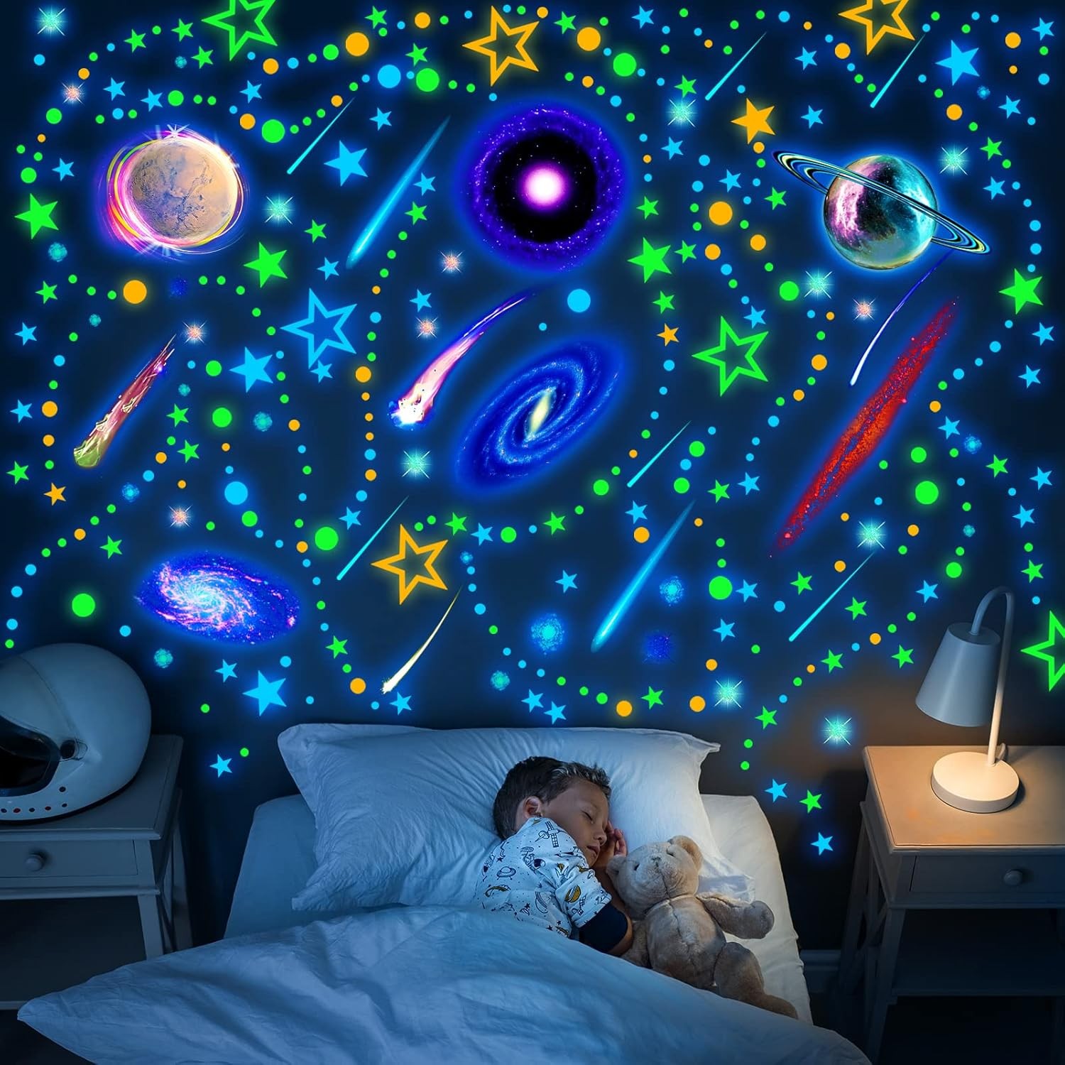 495 Pieces Glow in The Dark Moons and Stars Wall Decals for Ceiling, Removable