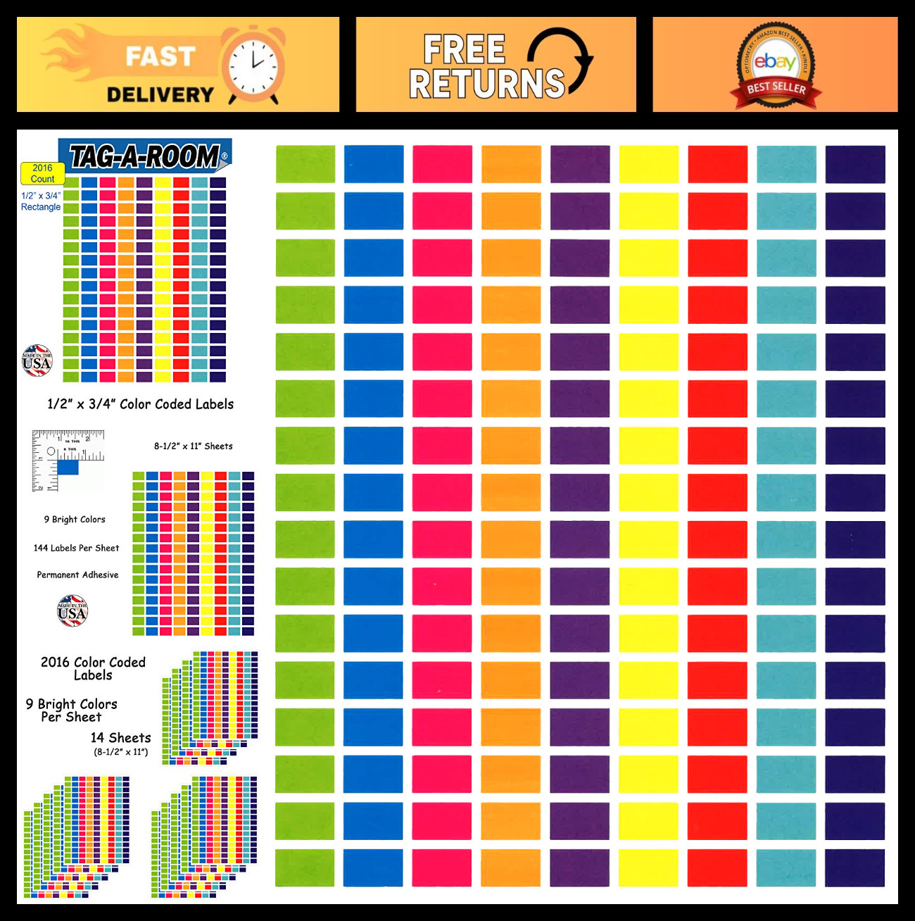 Color Coding Dot Label Stickers – 1/2″ x 3/4″ Rectangles, 9 Bright Colors, 2016