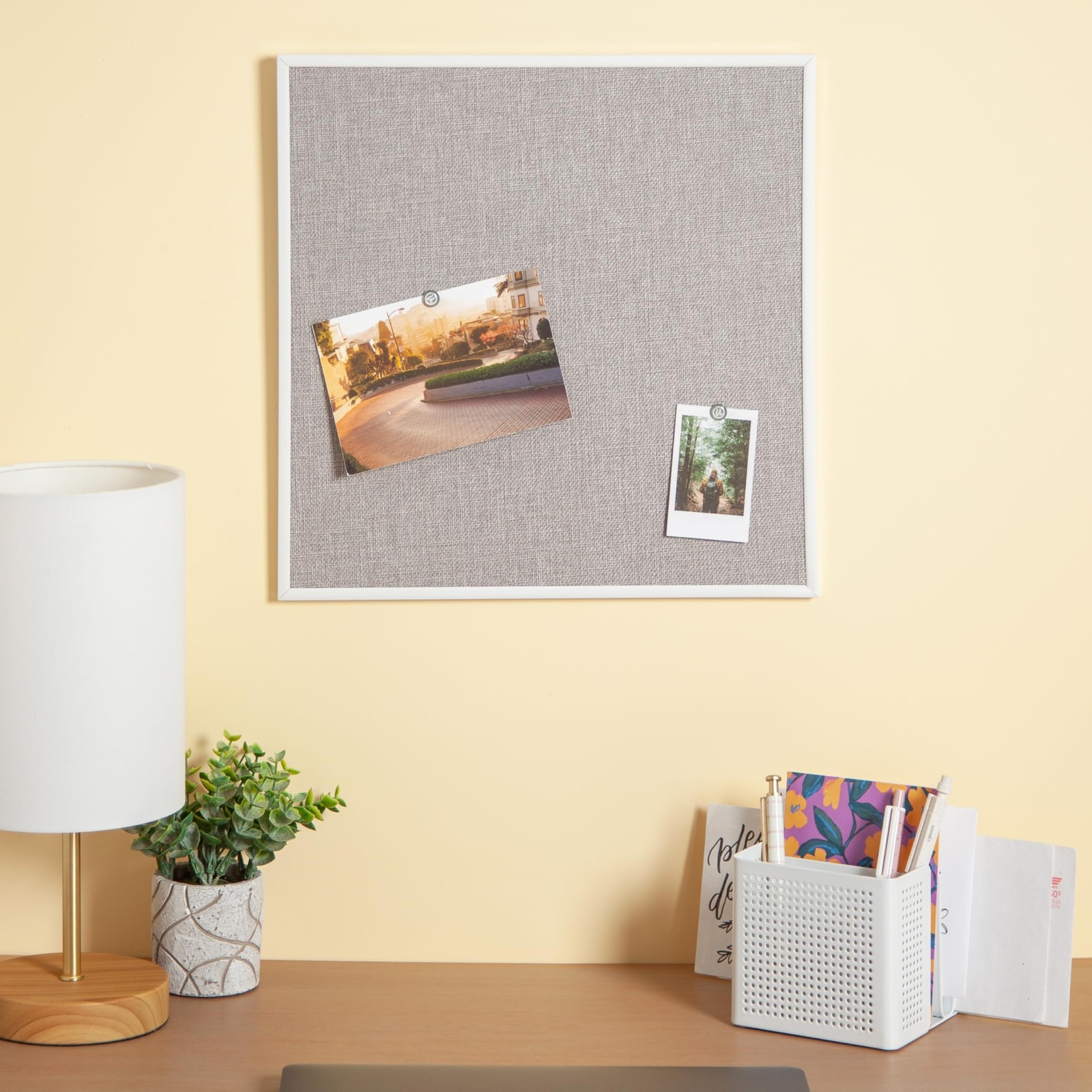 U Brands Farmhouse Linen Bulletin Board, 14″ x 14″, White Metal Frame, Indust…