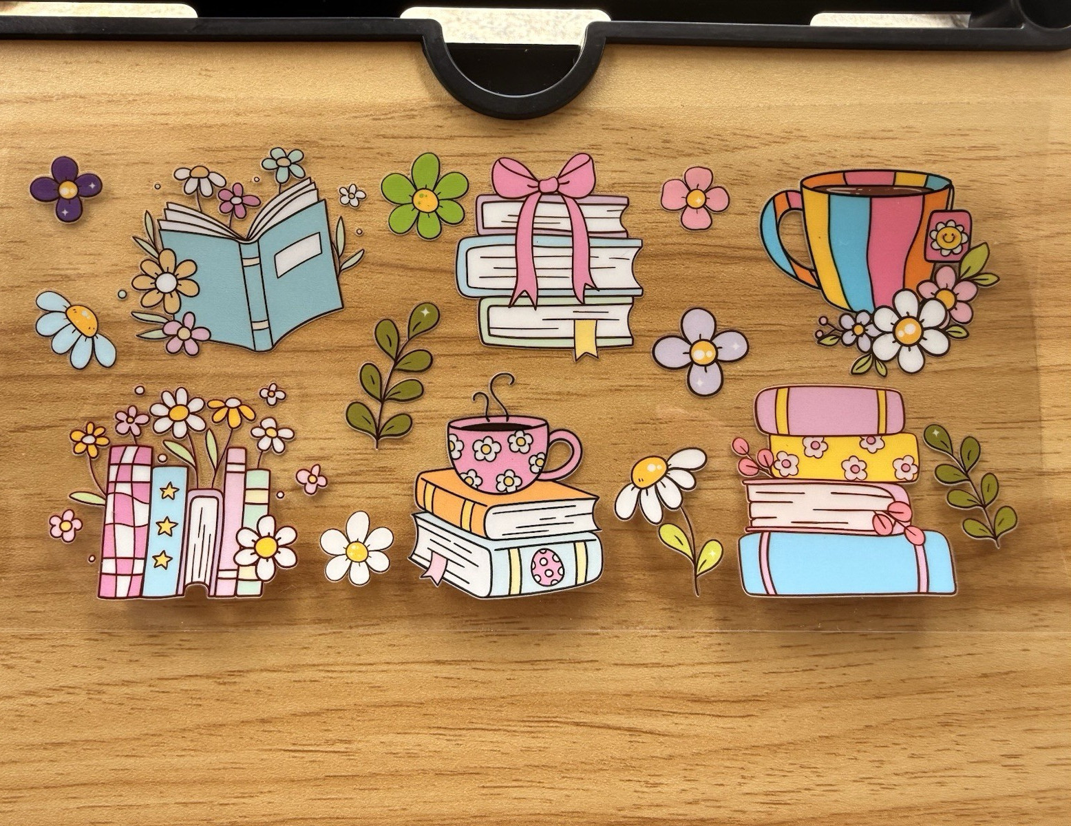 Multicolor Books Theme, Flowers & Teacup UV DTF Wrap 16 oz