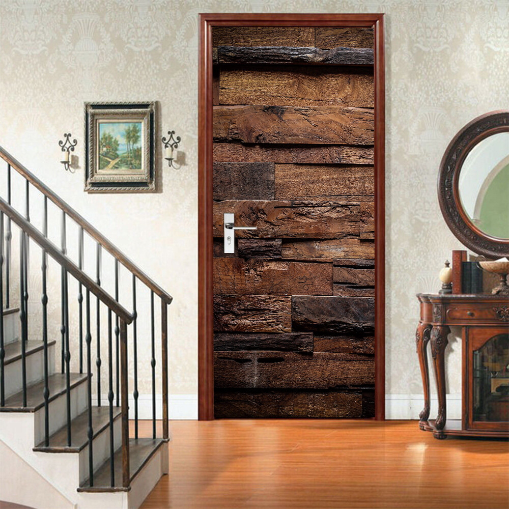Door, Wall or Fridge STICKER – Vintage Brown Wood Barn 3D Waterproof Decal Cover