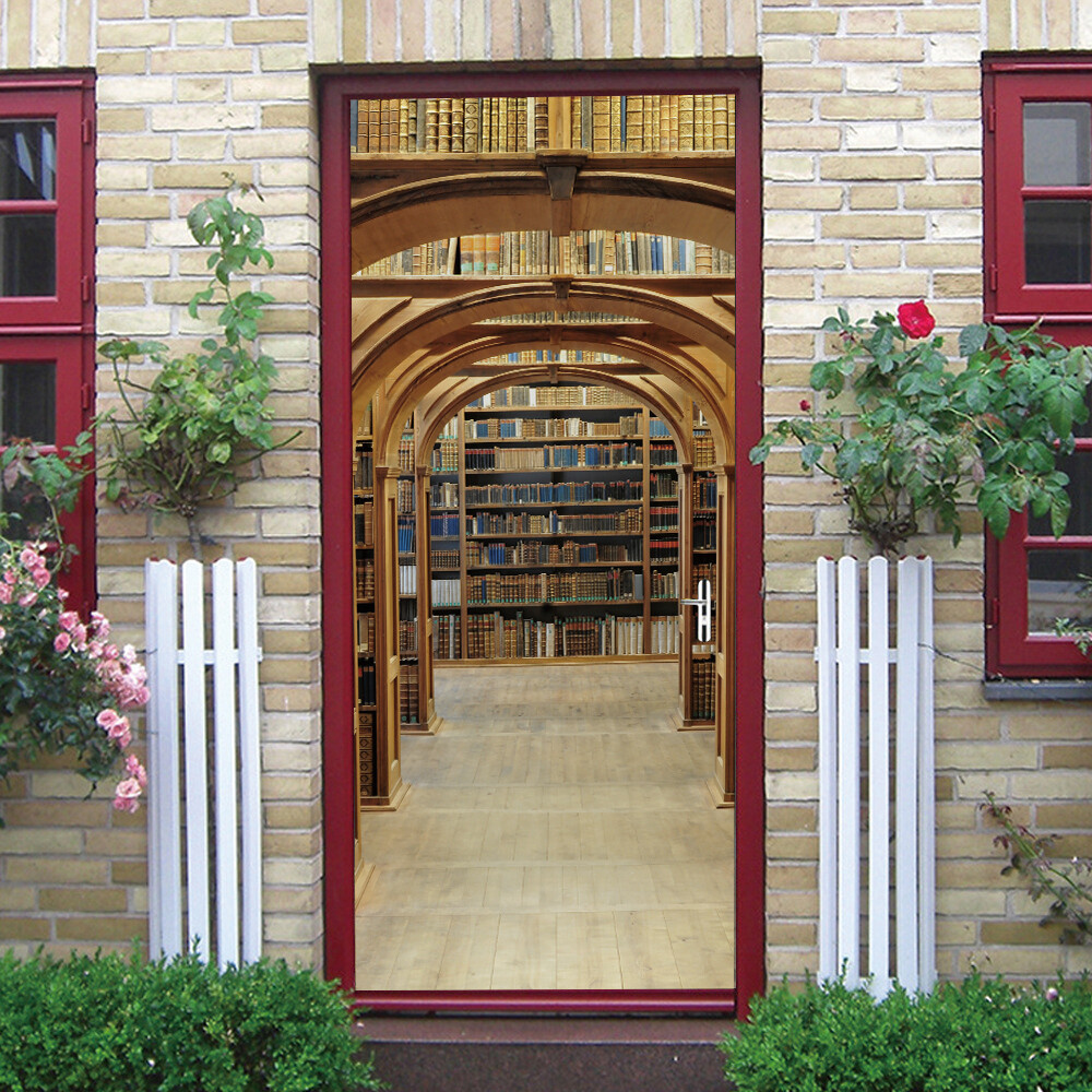 Door Sticker Library Retro Bookshelf Wall Decals Mural 3D Waterproof Wallpaper