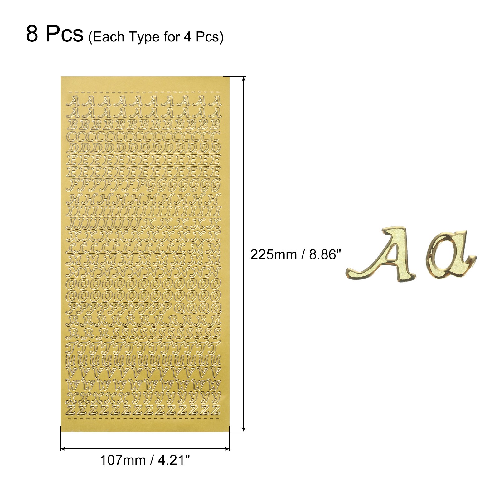 8 Sheets Alphabet Letter Sticker Gold Upper Lower a to Z Self Adhesive