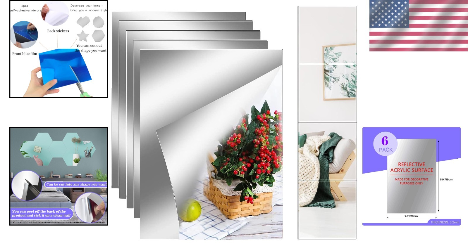Flexible 8”x6” Acrylic Mirror Tiles – Self-Adhesive Décor for Versatile Use