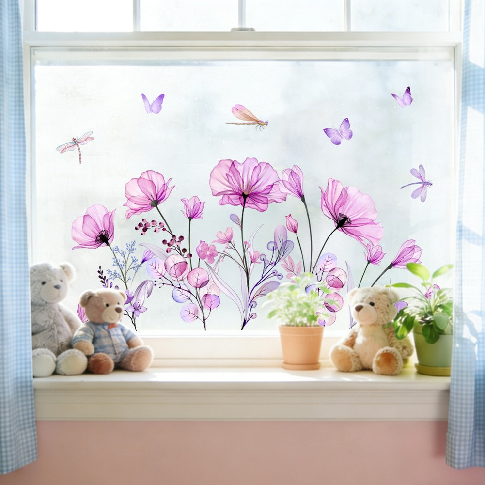 Double Sided Purple Floral Butterfly Static Window Sticker PVC Material