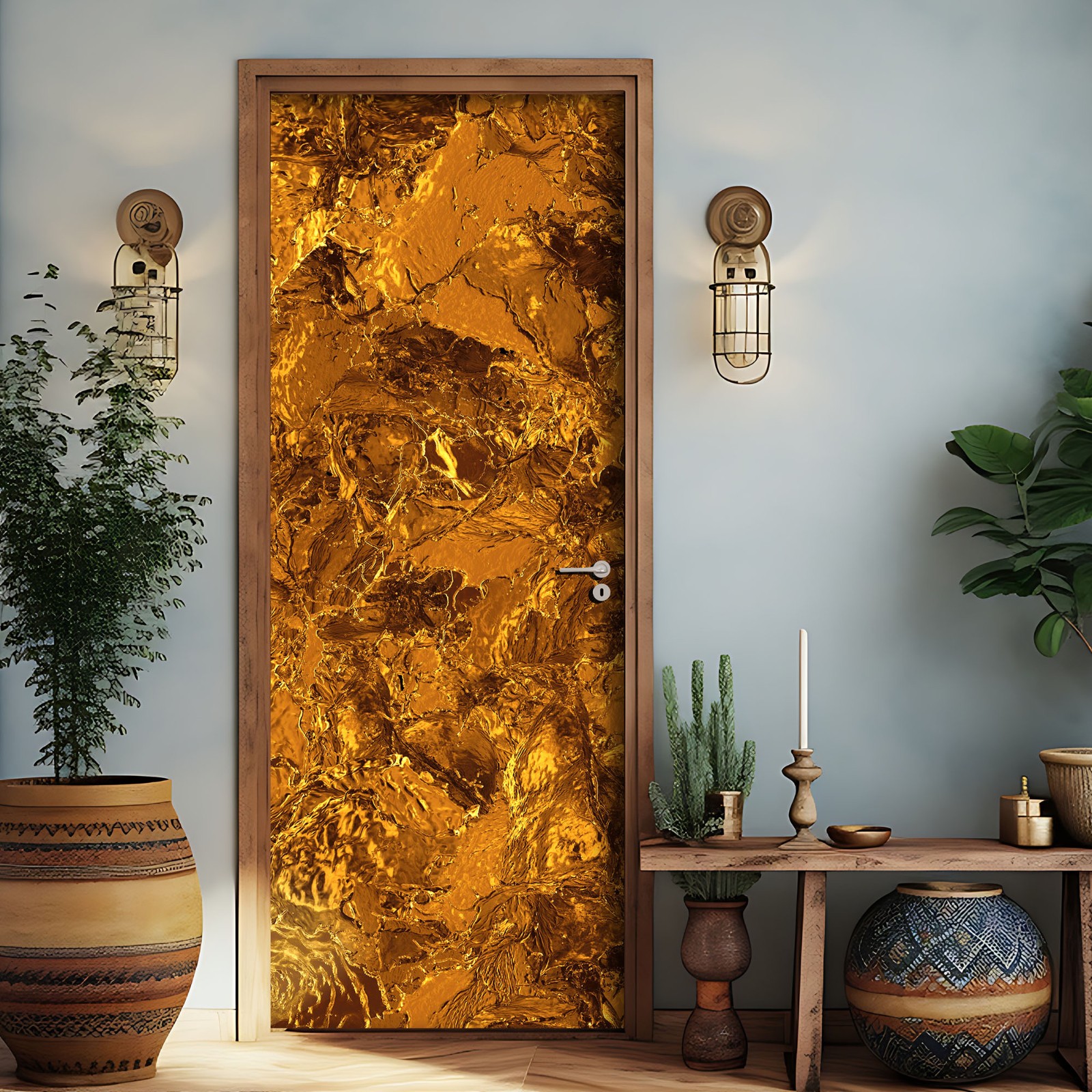 Golden Door Mural, Gold Pattern, Laminated Sticker Wrap, Peel’n’Stick. 1 Piece