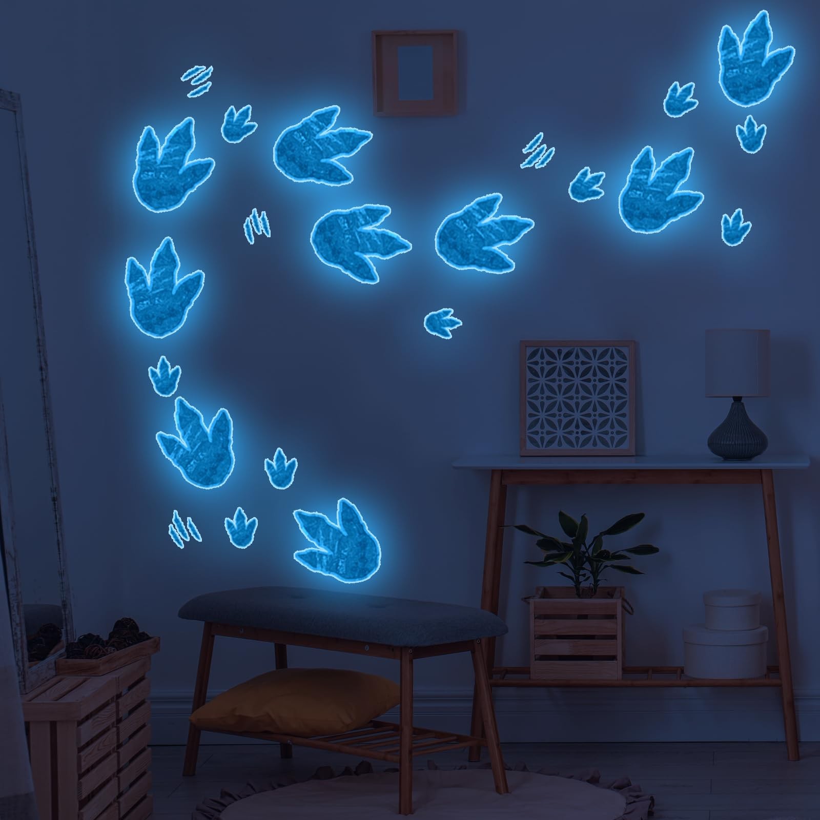 Glow in The Dark Dinosaur Footprint Wall Stickers, 2 Sheets Fossil Pattern De…