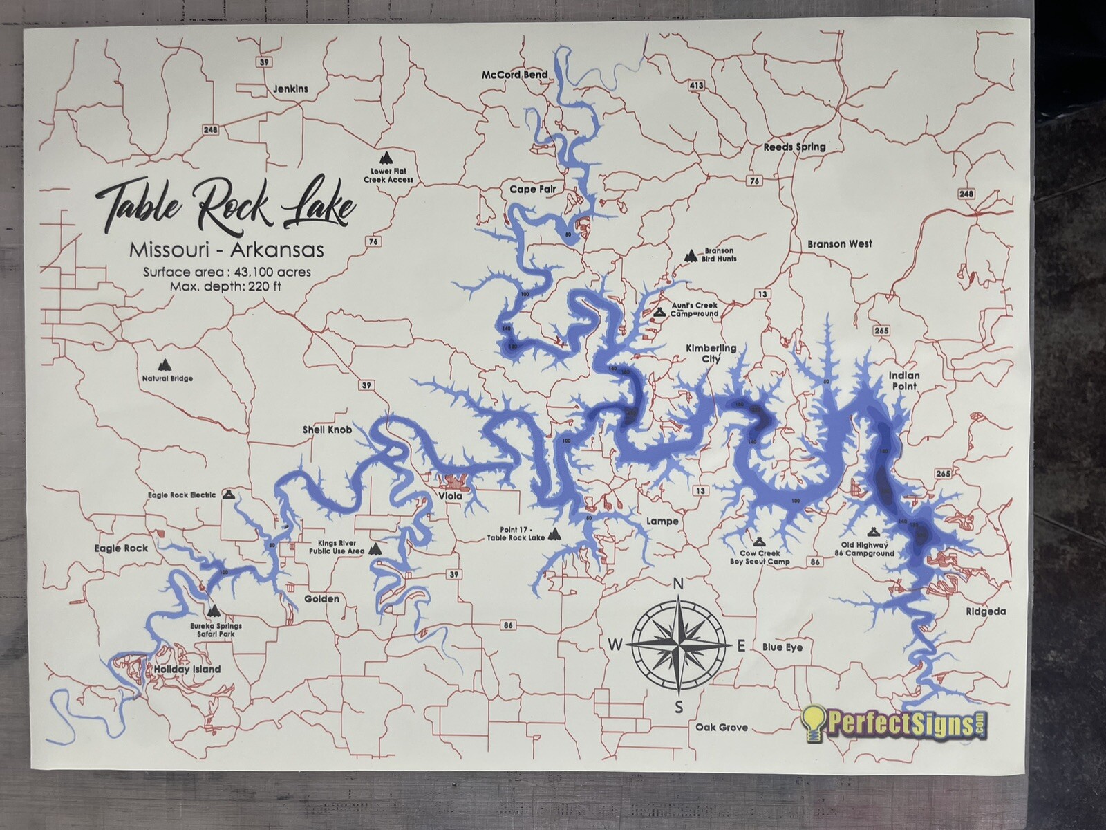 Table Rock Lake Map High Quality Canvas Self-Adhesive Print Easy to Apply