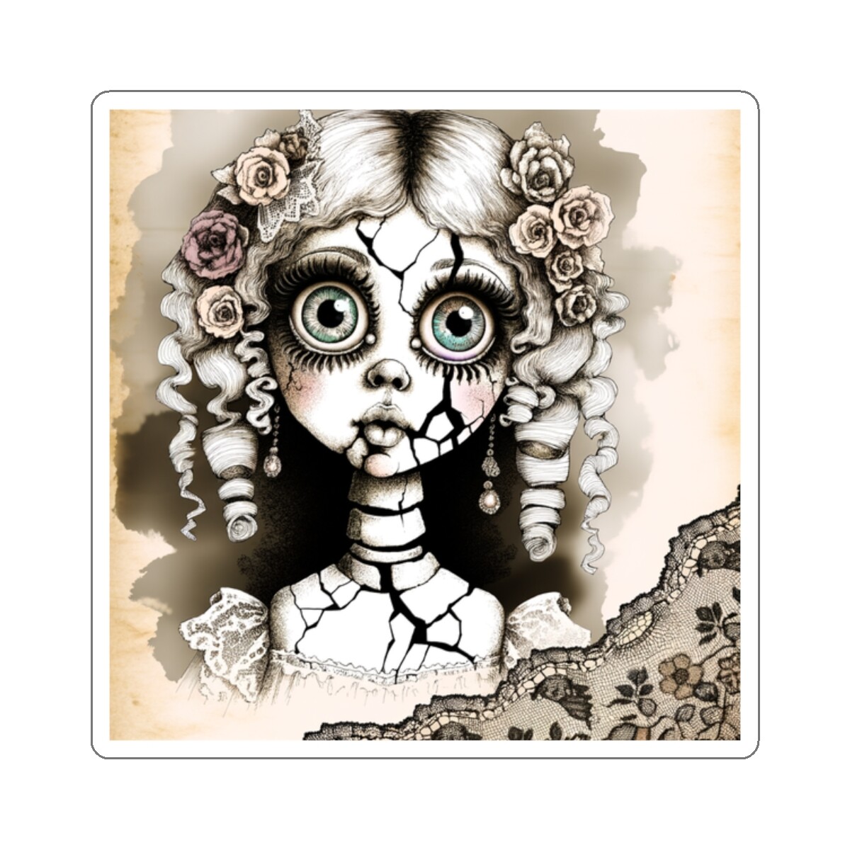 Sticker Enigmatic Doll Chaotic Ink Art Vintage Style 2×2 3×3 4×4 6×6