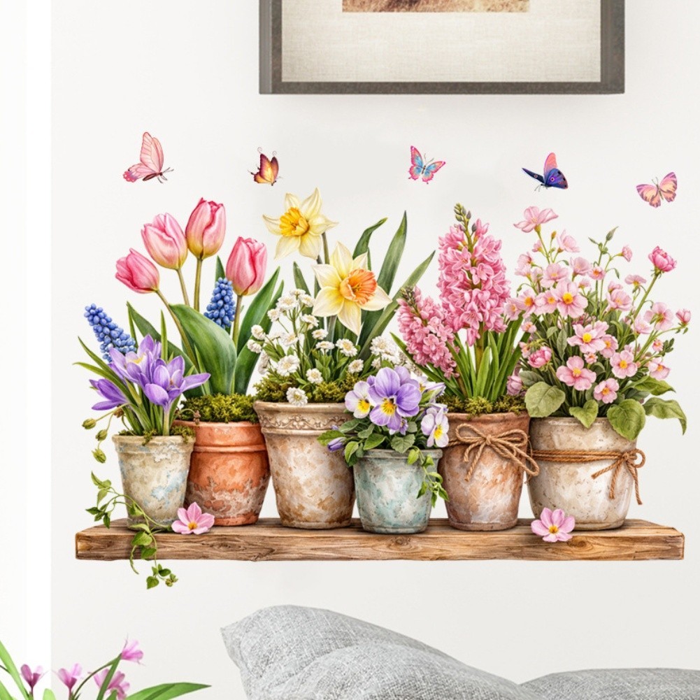 Living Room Wall Decor Tulip Floral Stickers 90x30cm Pink PVC Material