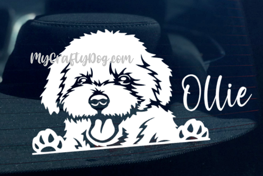 Small 8×5.5cm Cavoodle Peeking Dog Decal Vinyl Sticker Waterbottle Ipad Phone