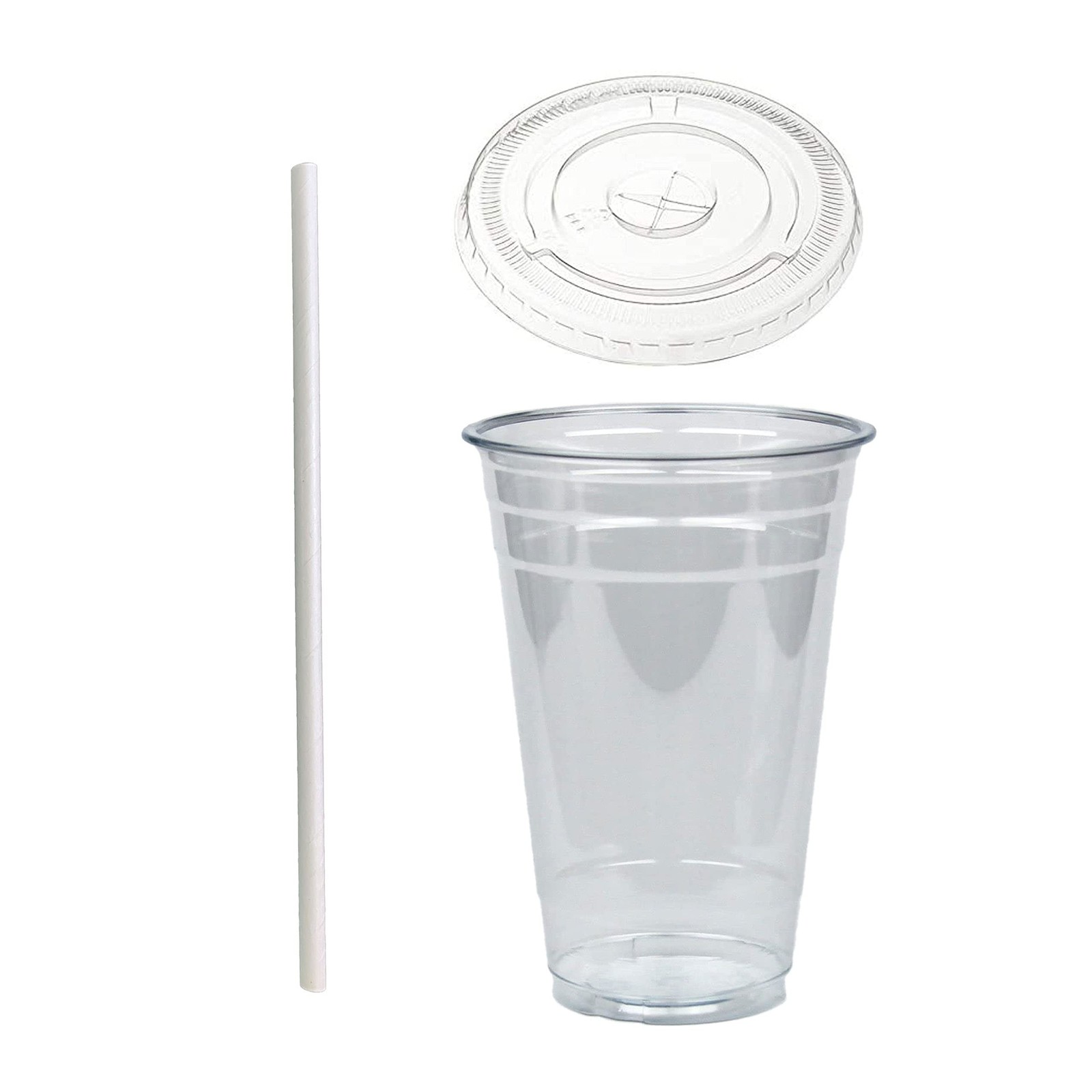 Disposable 20 oz Plastic Crystal Clear Cups with Flat Lids and Paper Straws -…