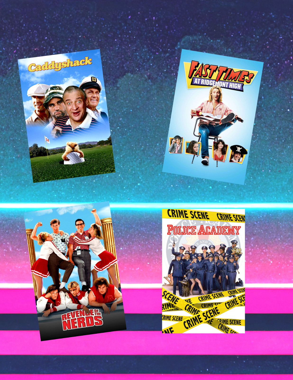 80’s Comedy Movie Poster Style 4pc Sticker Pack