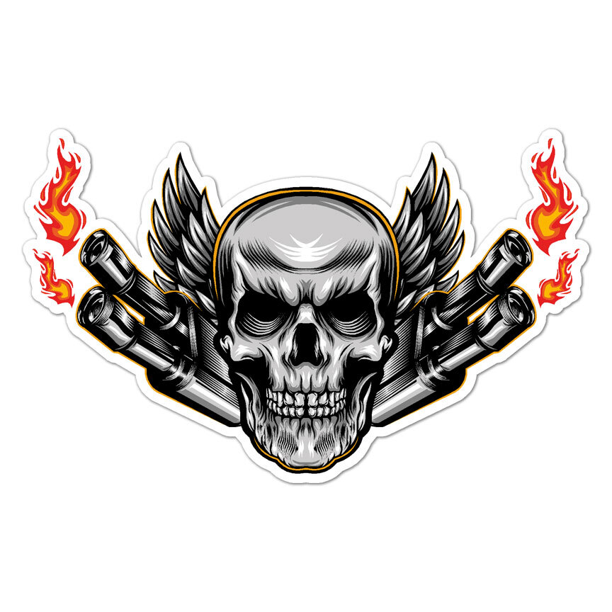 Skull Wings Flaming Exhaust, Vinyl Decal Sticker, Indoor Outdoor, 3 Sizes, #9289