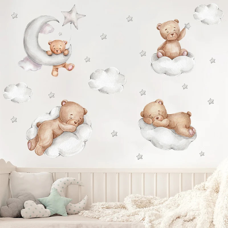 Cute Bear Star Cloud Wall Stickers for Kids Rooms Girls Boys Baby Room Bedroom
