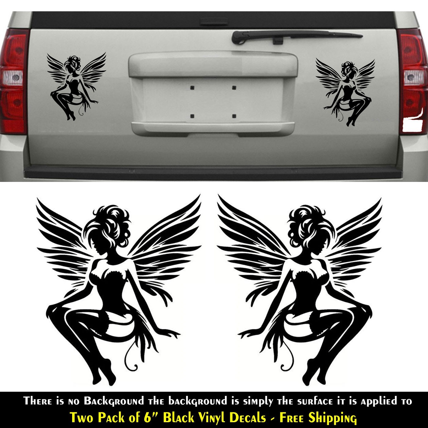 Sexy Fairy Pixie Angel Wings Two Pack 6″ Black Vinyl Decal Car Window Mirror