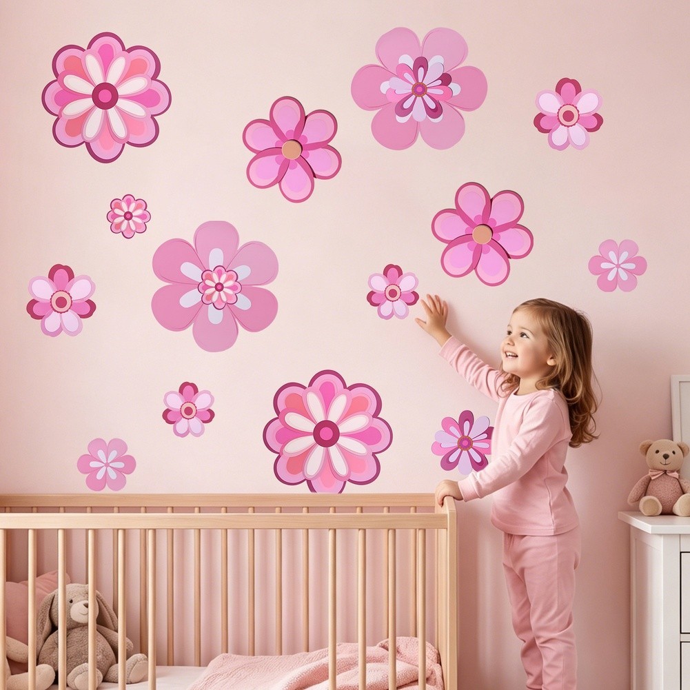 Floral Pink Wall Decals Set 16 Removable Vinyl Stickers for Room Decor