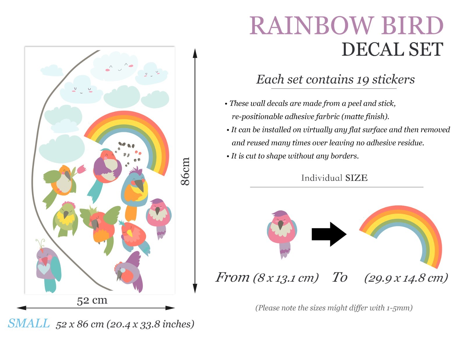 Colorful Rainbow Birds on Clothes Line Removable Nursery Wall Decal Sticker