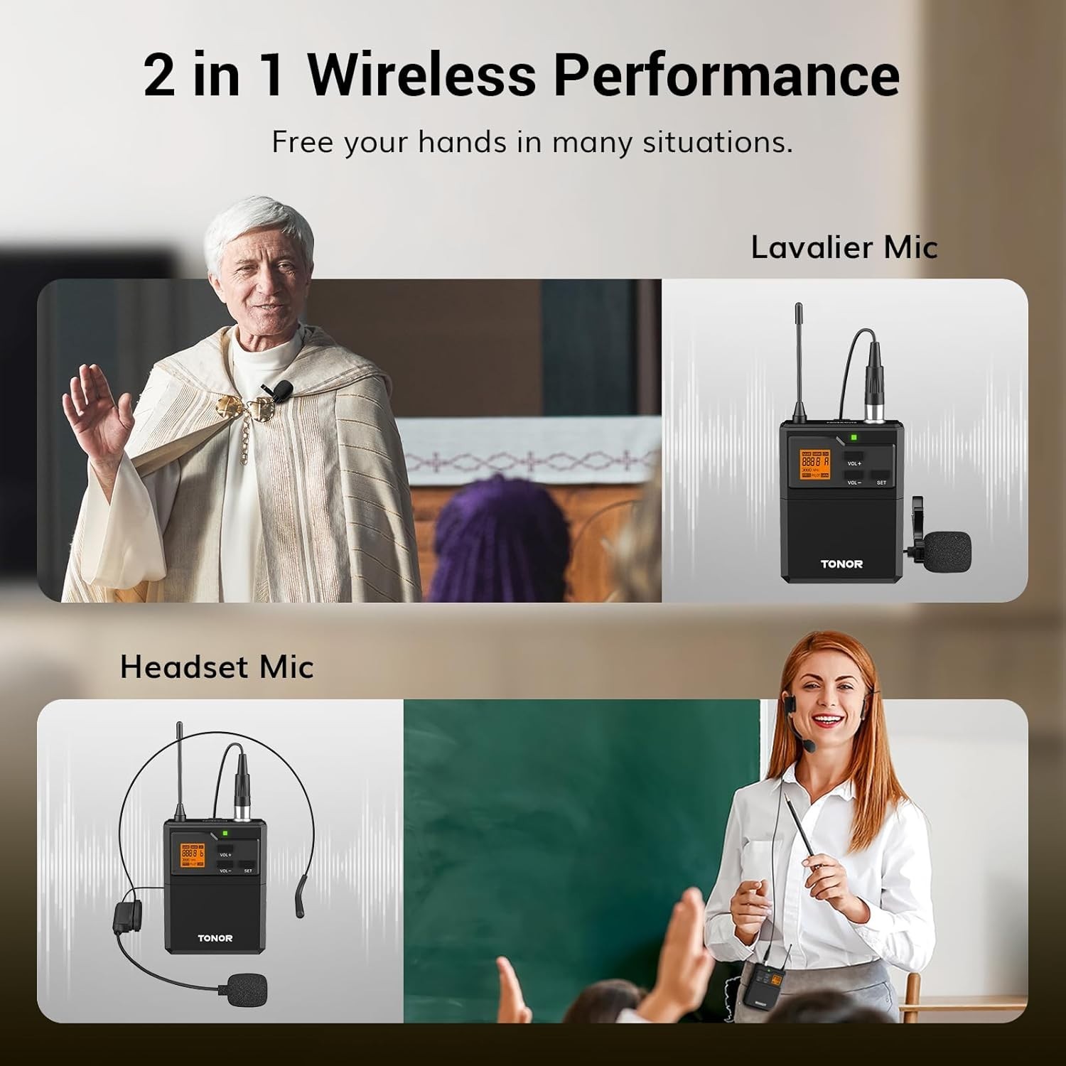 UHF Wireless Microphone System with Dual Headset Microphones/Lavalier Lapel Mics