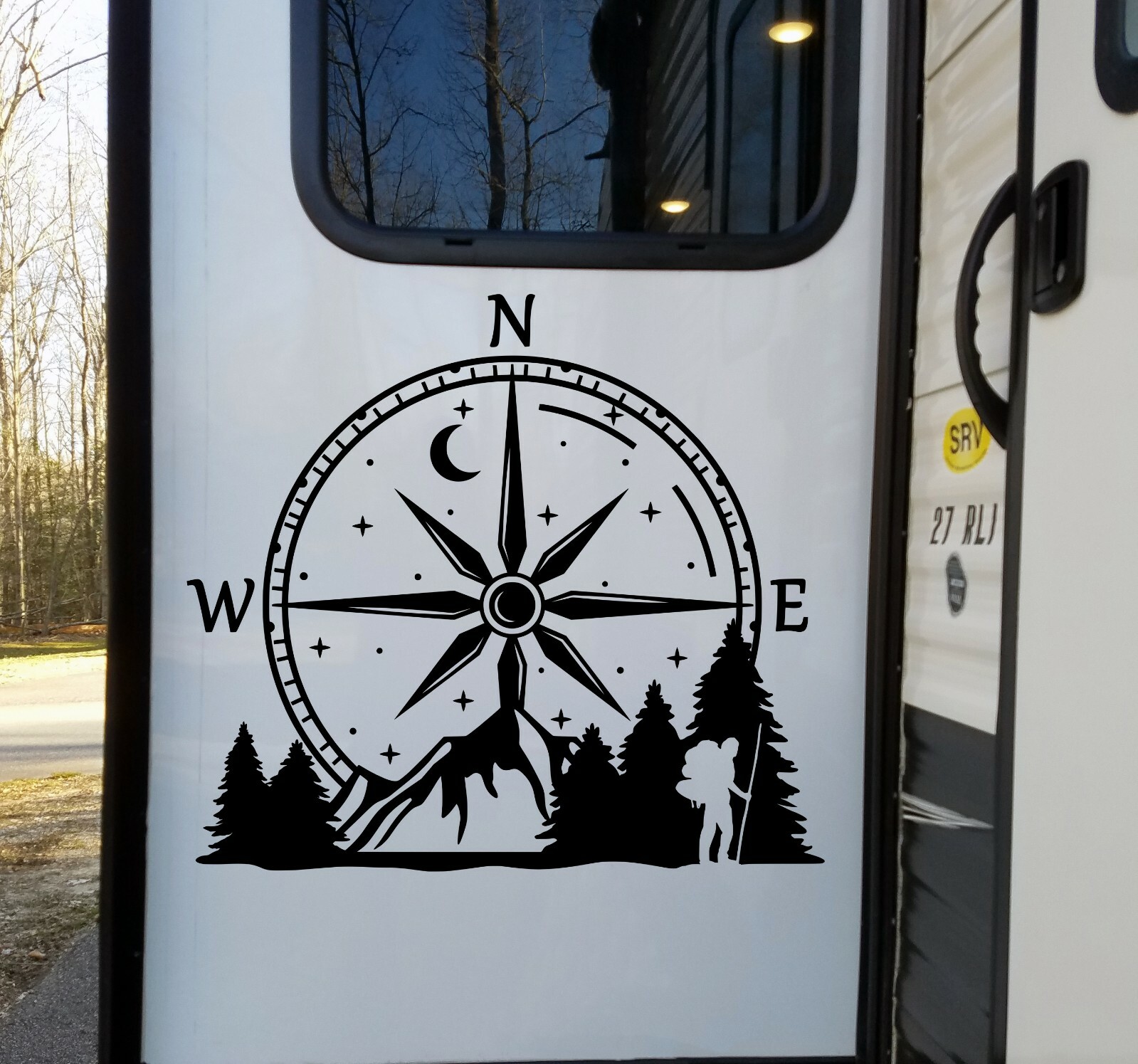 Compass Rose Hiker Mountain Vinyl Decal V1 – Forest Scene Graphics – Die Cut