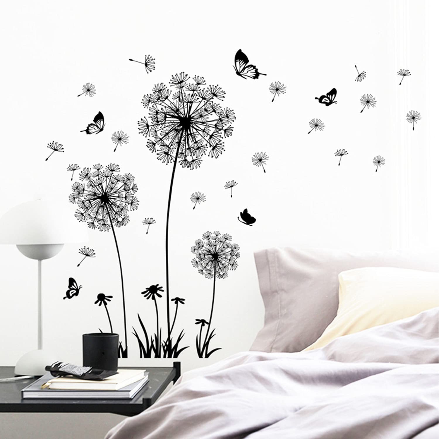 2 Set Dandelion Wall Decals, Flower Stickers, Murals With Butterflies for Bed…