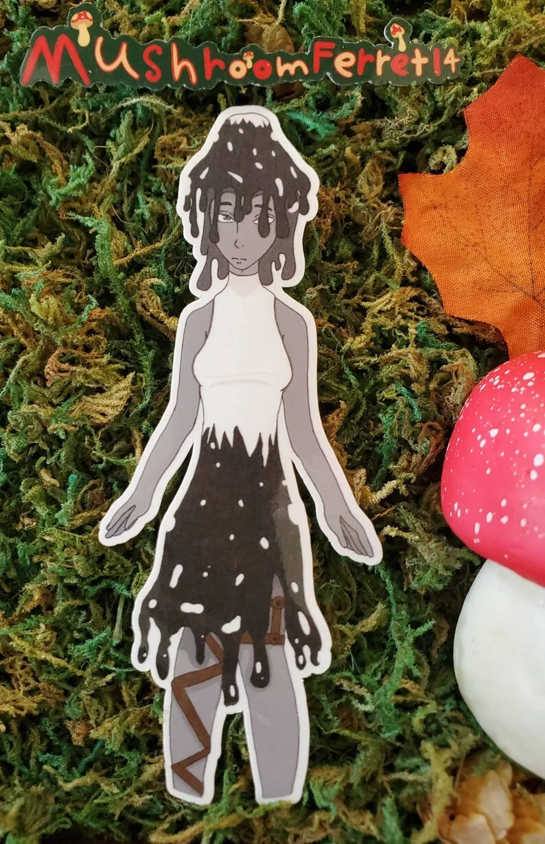 Handmade “Ink cap mushroom girl” die cut sticker. See description!