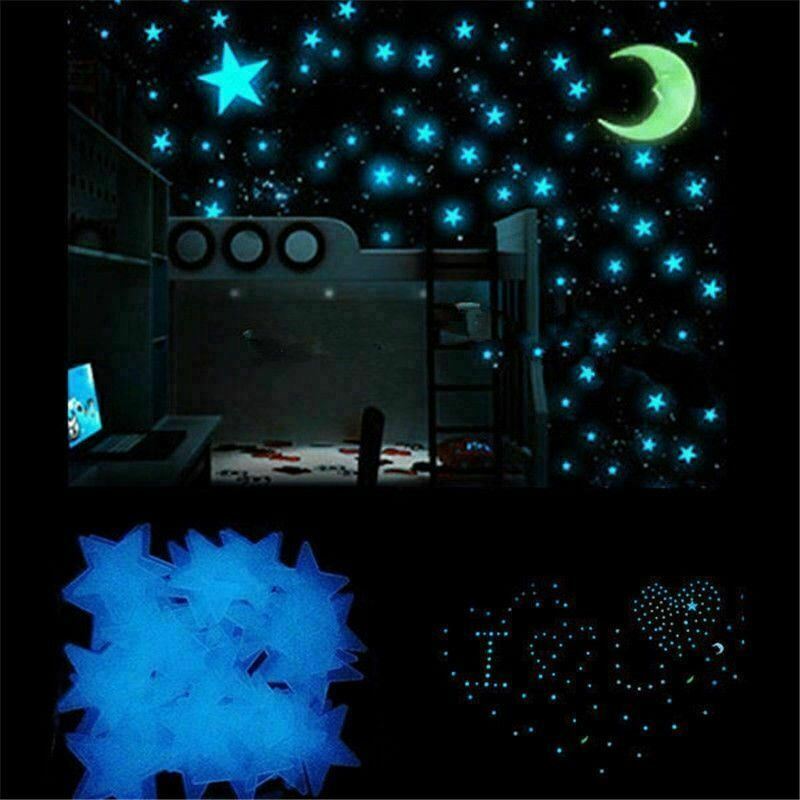 200 Blue 3D Home Wall Ceiling Glow In The Dark Kids Plastic Star Moon Sticker