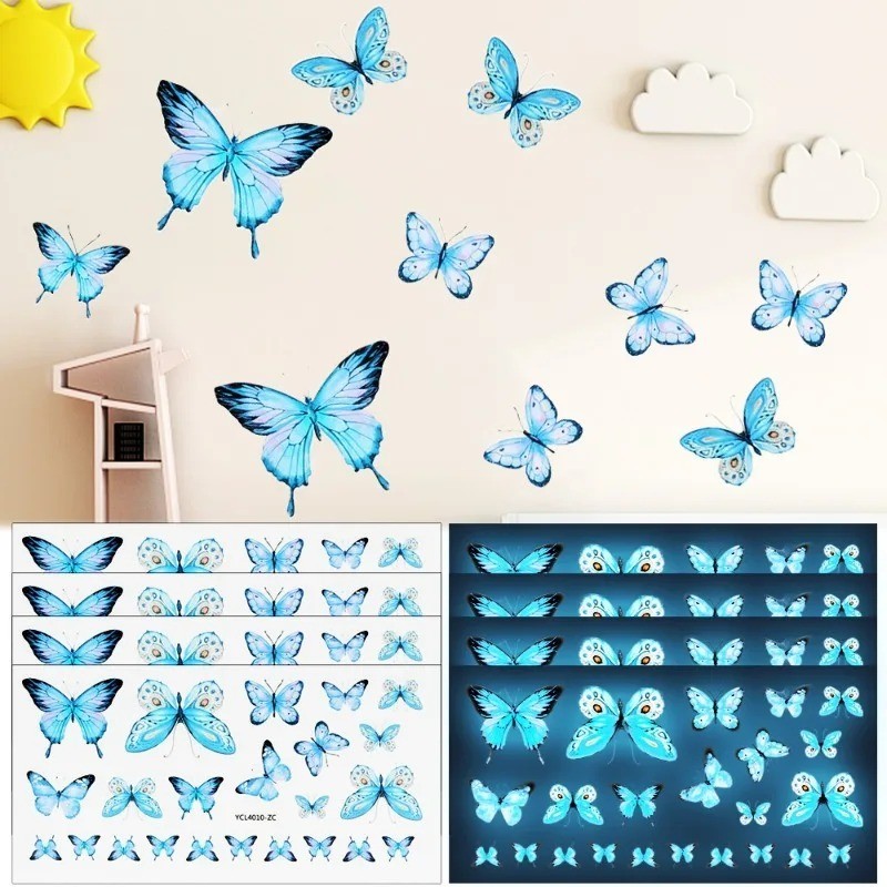 1-10sheets Creative Luminous Wall Sticker Blue Butterfly Wallpaper Living Kids R