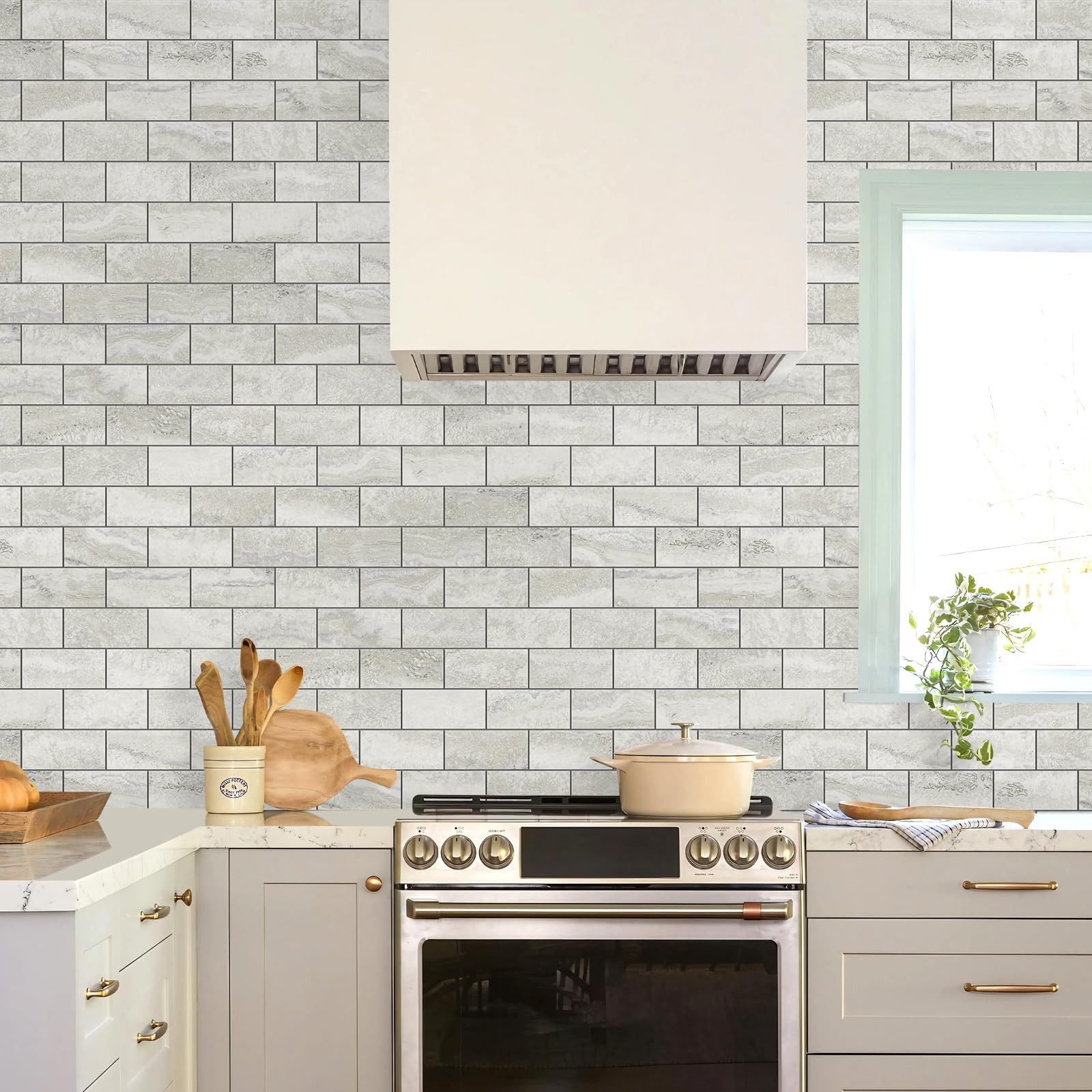 10-Sheet Subway Tile Cream Peel and Stick Backsplash, Beige Stone Texture wit…