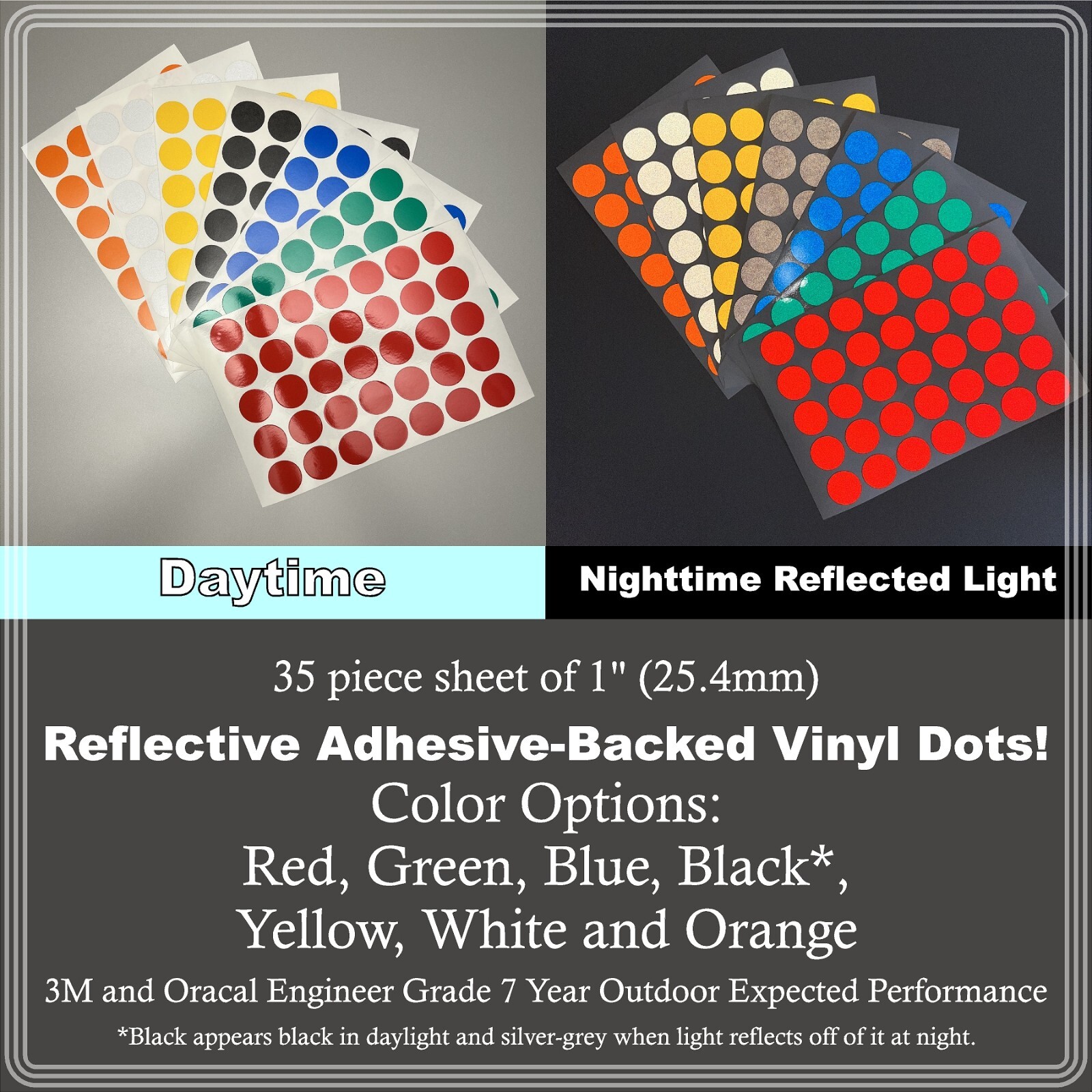 1″ (25.4mm) Reflective Adhesive Back Dots Sheets of 35 Stickers 7 Color Options