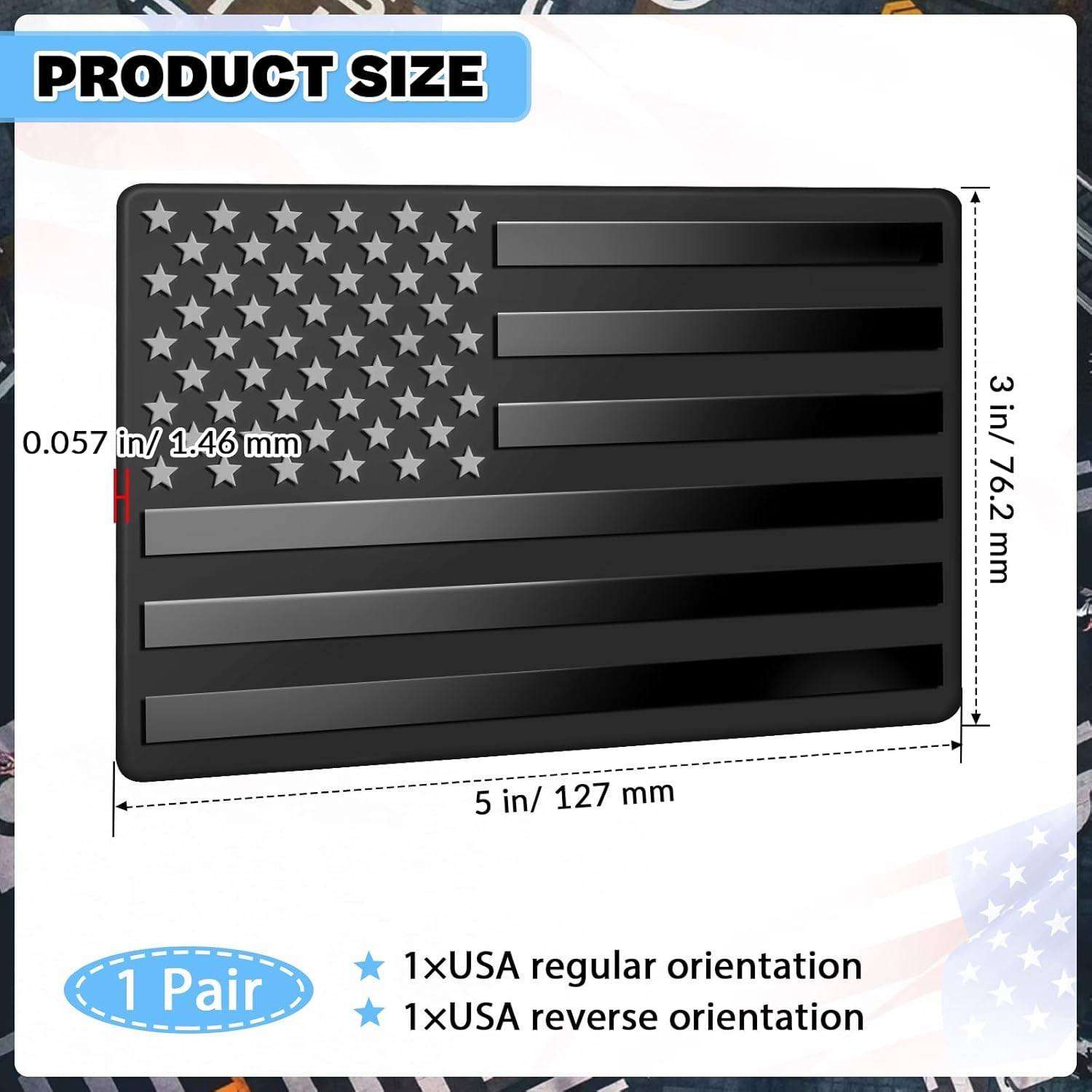 Metal Embossed American Flag Emblem Decal Stickers, 1 Pair Matte Black 5″ x 3″ C
