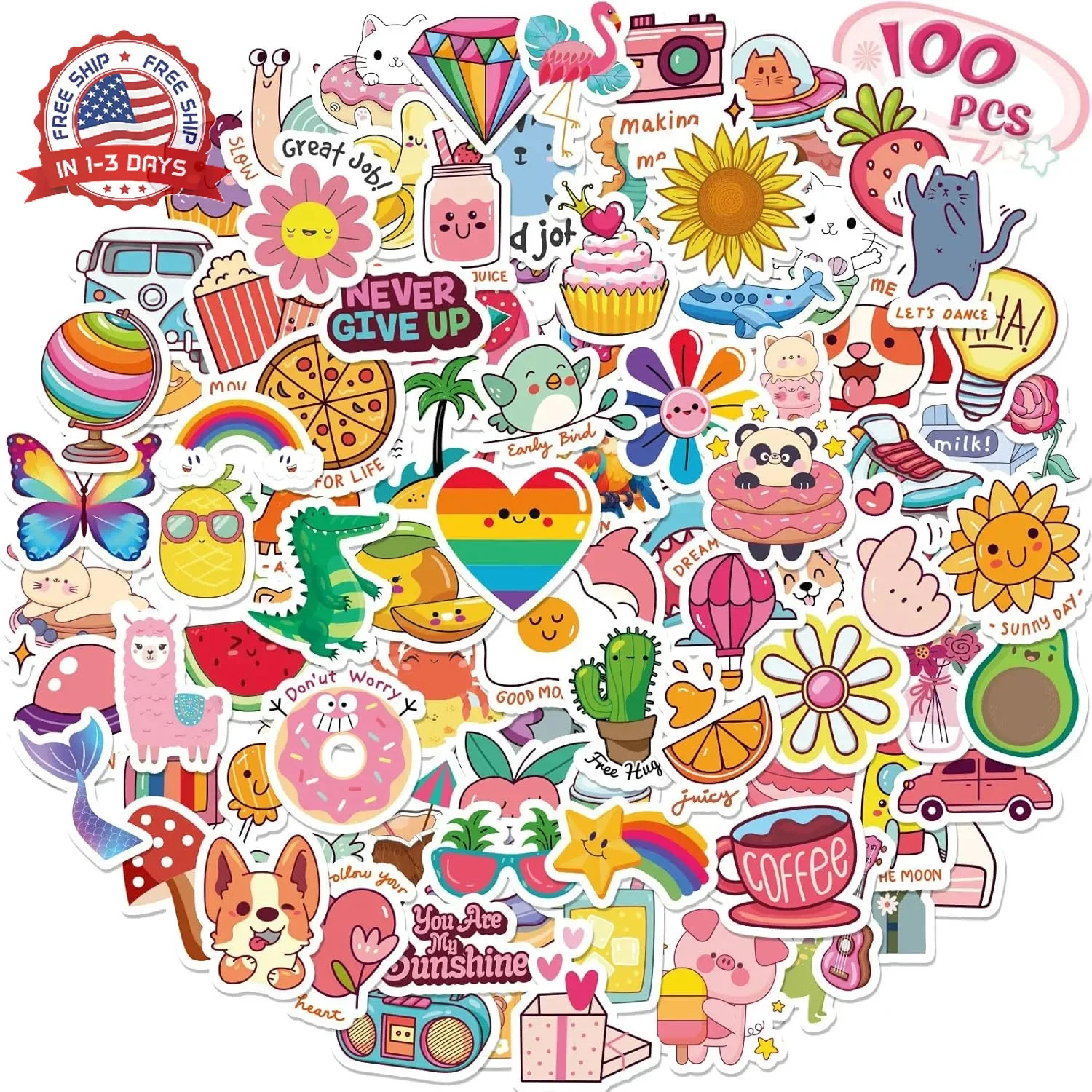 100 Pcs Waterproof Vinyl Kawaii Stickers for Water Bottles Laptops Skateboards f