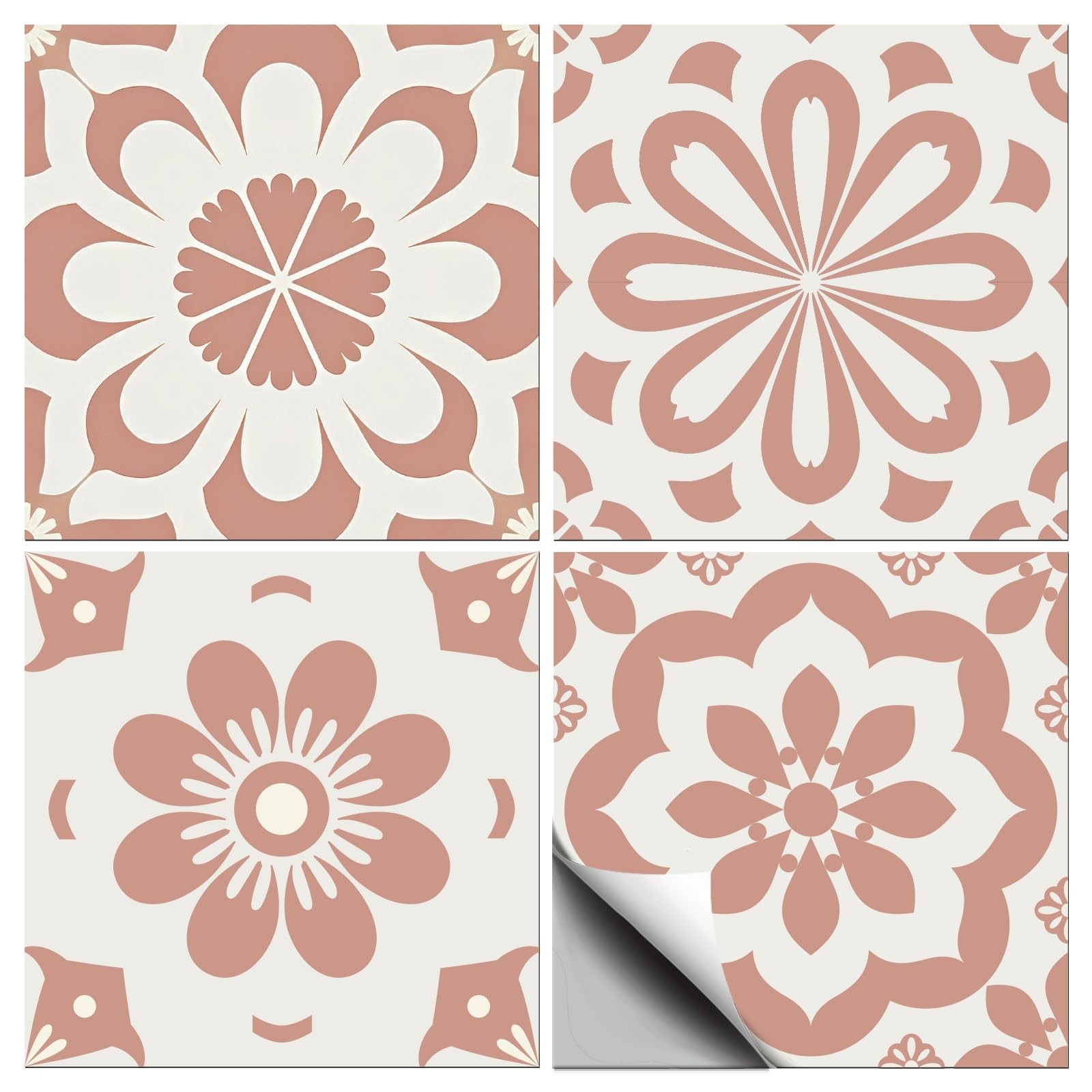 36 Pcs 4 Style Pink Flowers Tile Stickers Simple Geometric Flowers Peel and S…