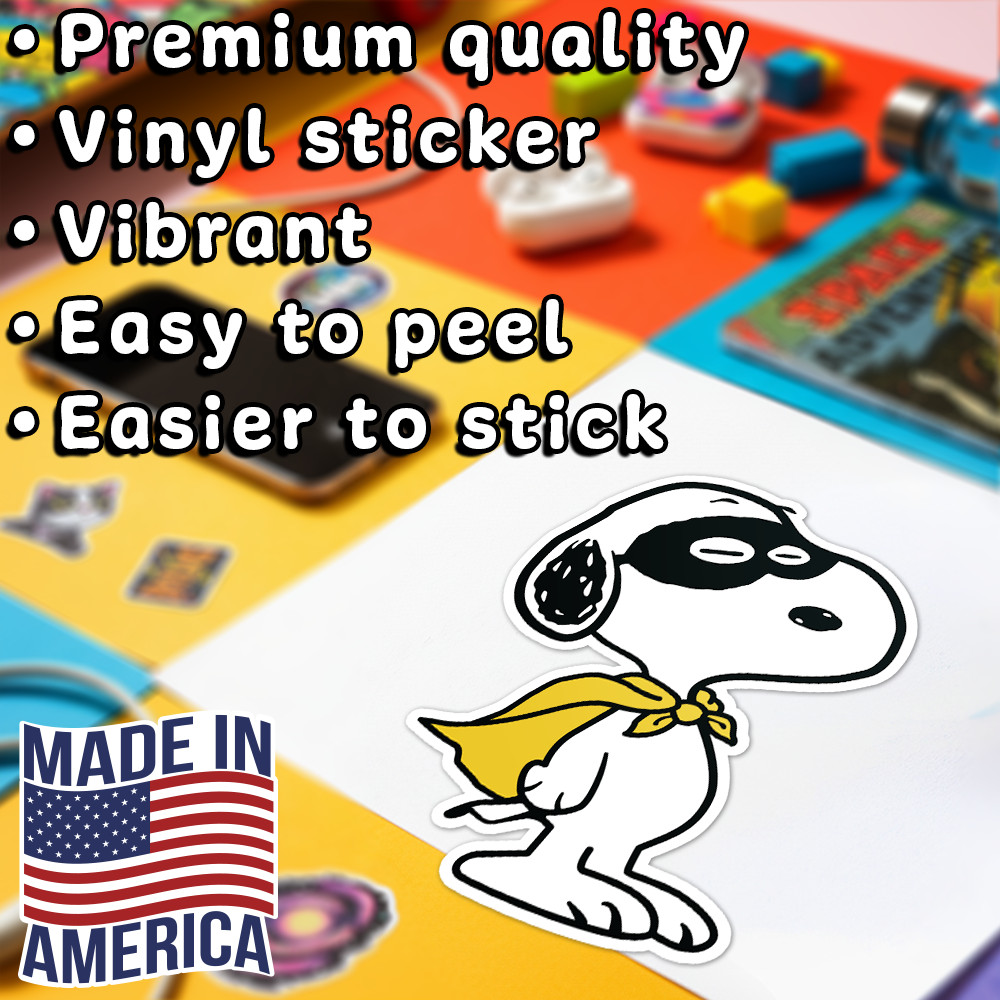 Peanuts Snoopy superhero with cape and mask, cute and colorful sticker 2.8″ x 4″