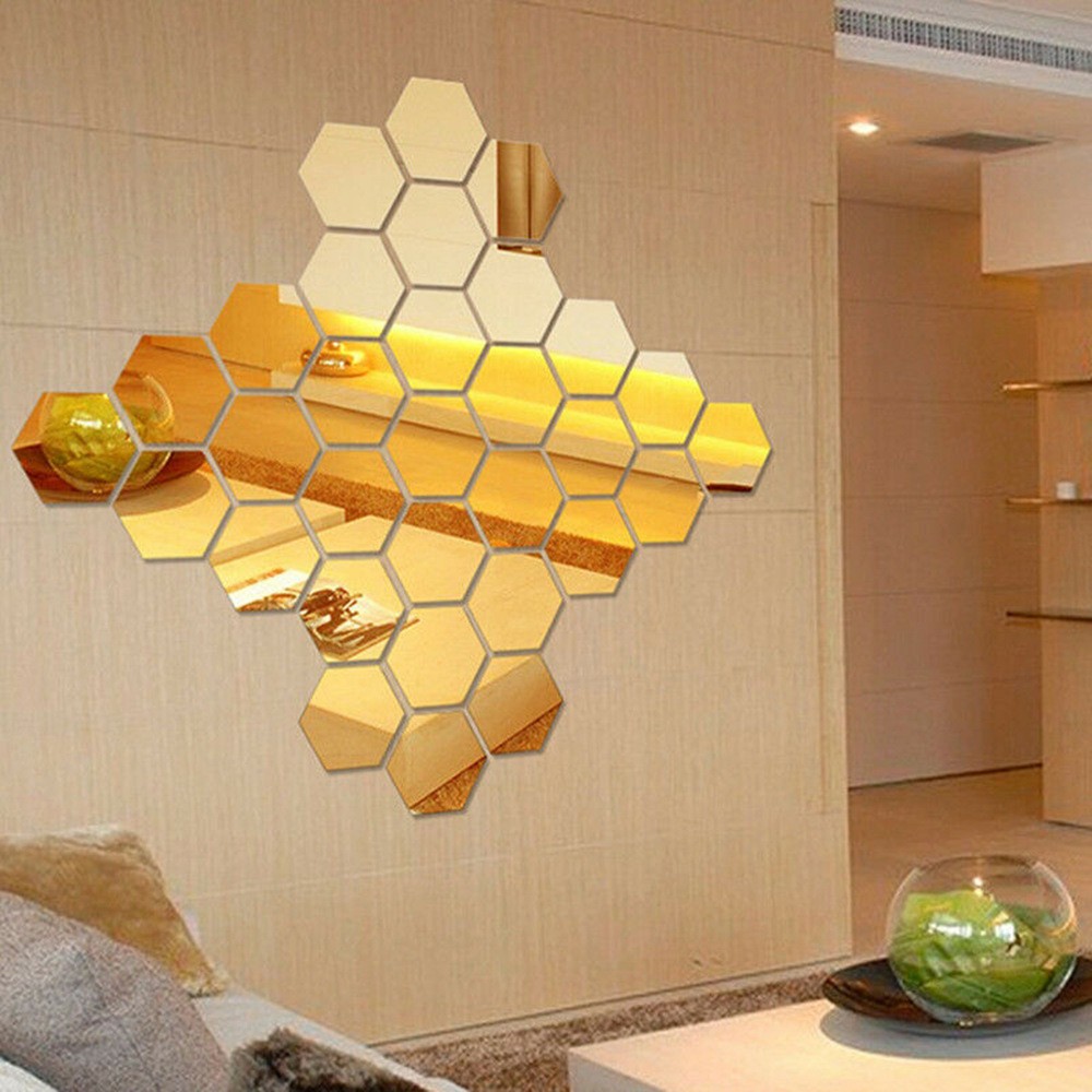 12Pcs/Set Hexagon Shape Mirror Panel Detachable Self-Stick Farmhouse Indoor Wall