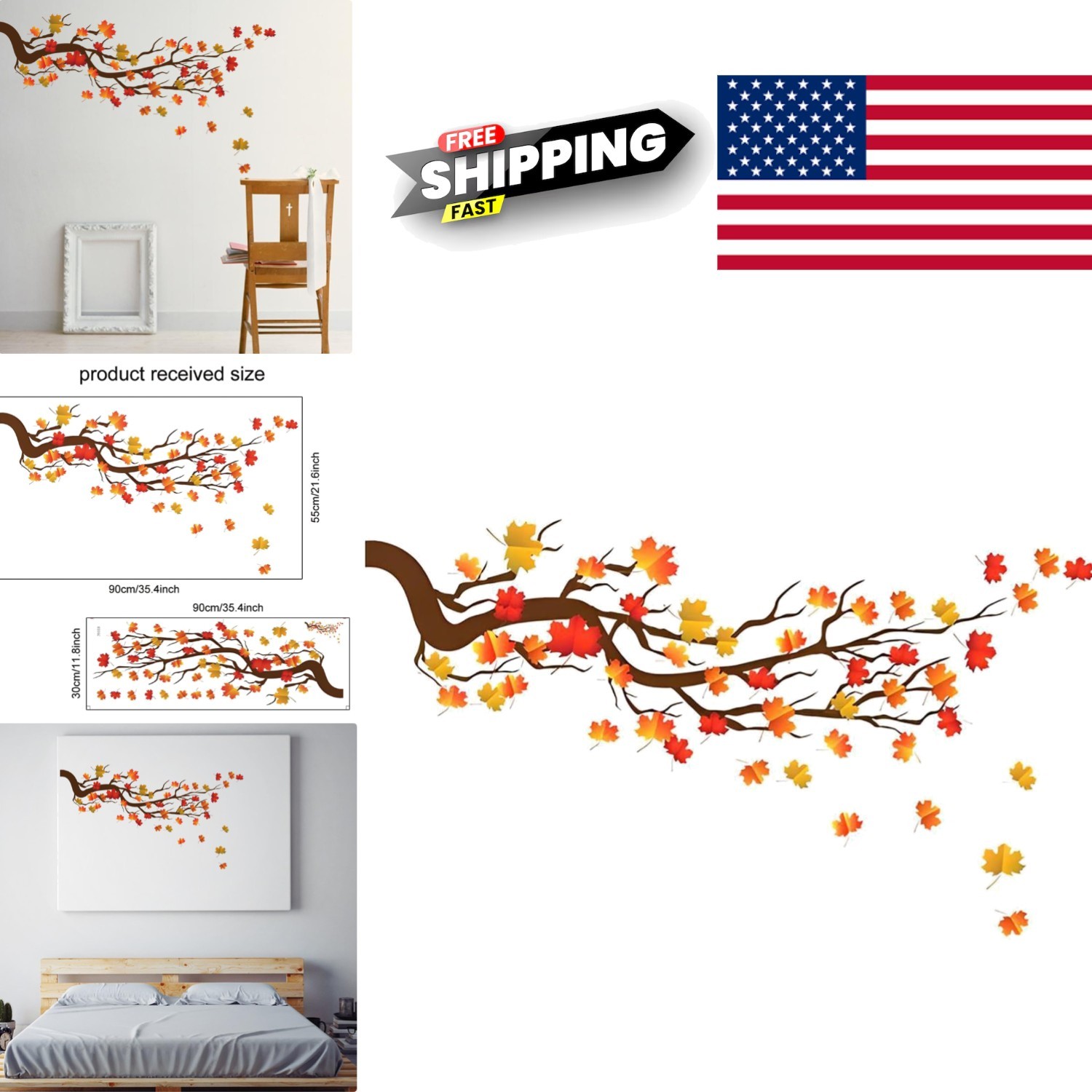 Chinese Style Fall Leaves Wall Murals for Bedroom Nursery Living Room