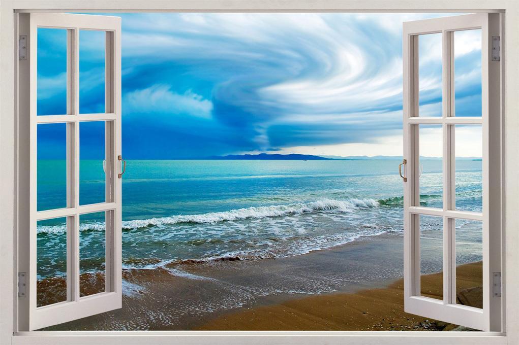 Tornado Over Sea 3D Window View Decal WALL STICKER Art Mural Nature Exotic Beach
