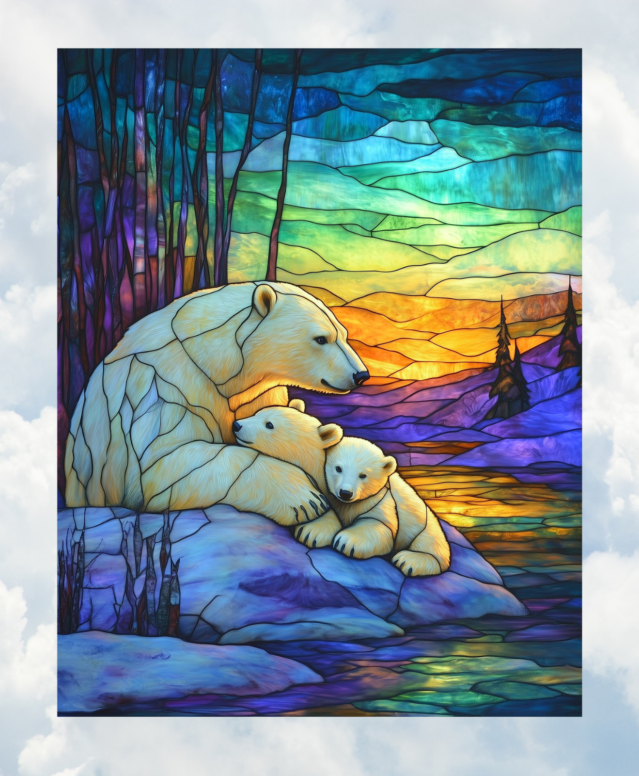 Polar Bear Family Faux Stained-Glass WINDOW CLING Size 10.2″ Vinyl