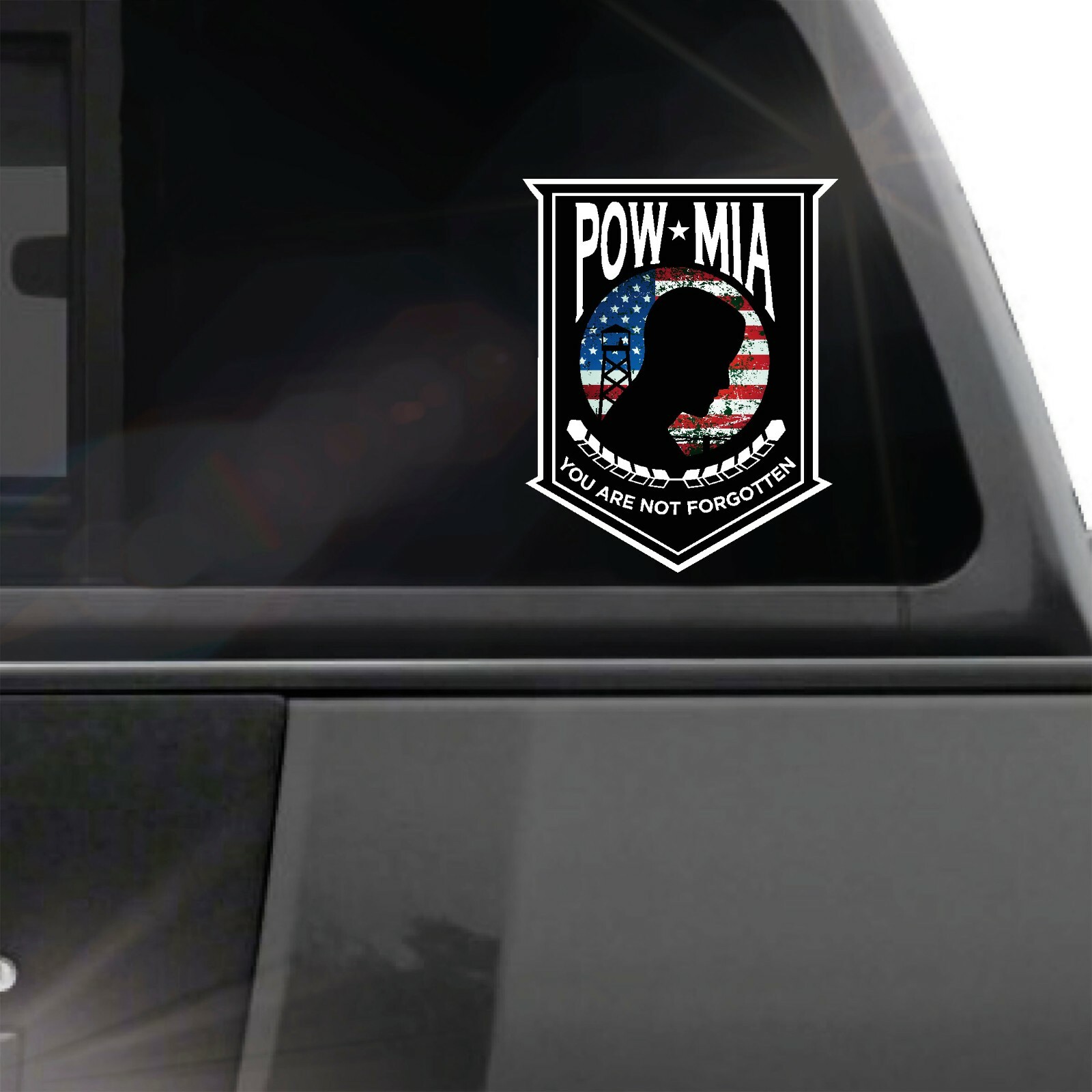 POW MIA American Flag sticker prisoner of war before guard tower missing action