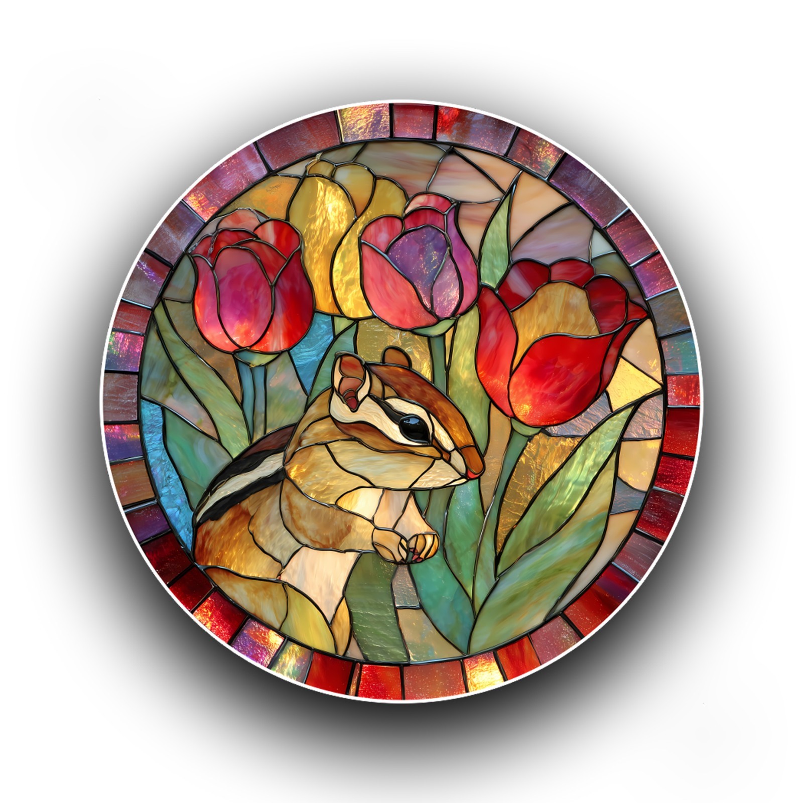 Chipmunk Tulip Flower Spring Stained Glass Style Opaque Vinyl Sticker Decal