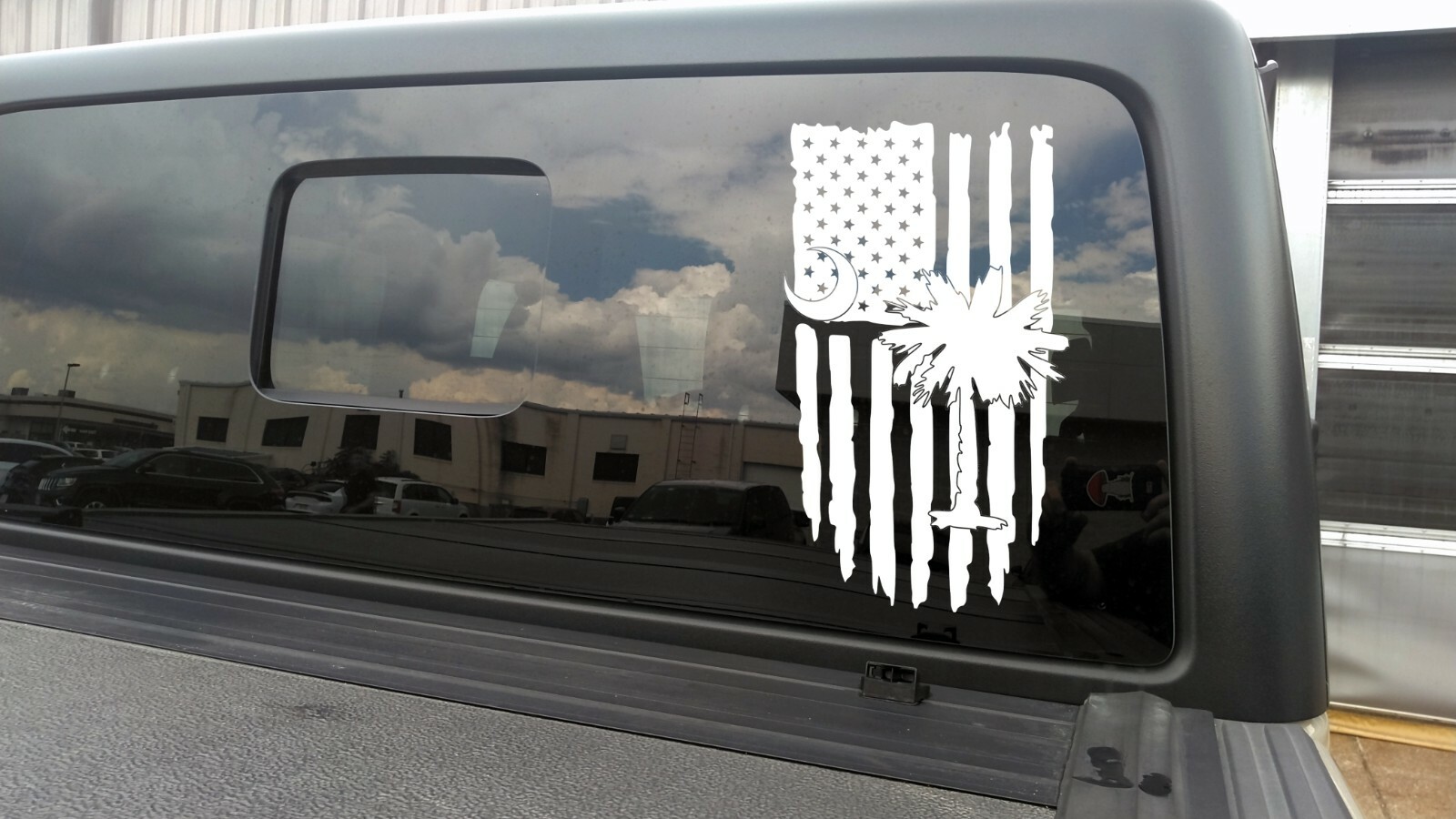 Palmetto Tree Crescent Moon with Distressed American Flag Vinyl Decal – Die Cut
