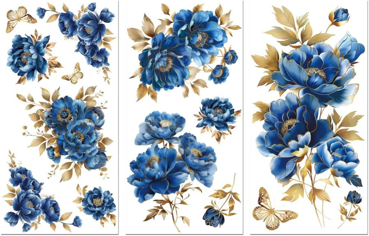 Rub on Transfer Sticker for Furniture Crafts Decor 6″X12″ Blue and Gold Peonies