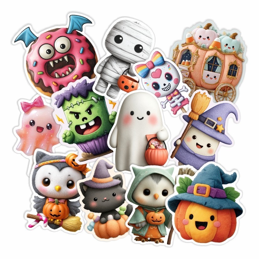 Cute Halloween Stickers, Set of 12 Peel N’ Stick, Sizes available