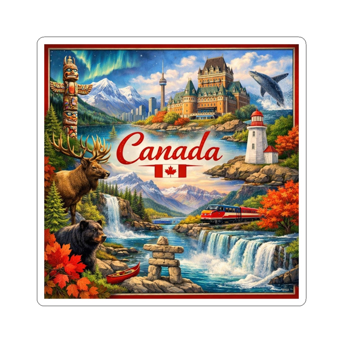 Canada collage Kiss-Cut Sticker | Mountie totem lighthouse maple leaf scenery