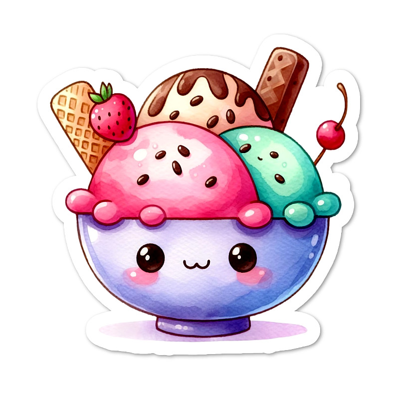 Ice Cream Kawaii Vinyl Sticker Water Resistant, Scrapbooking, Laptop, 2 Sizes