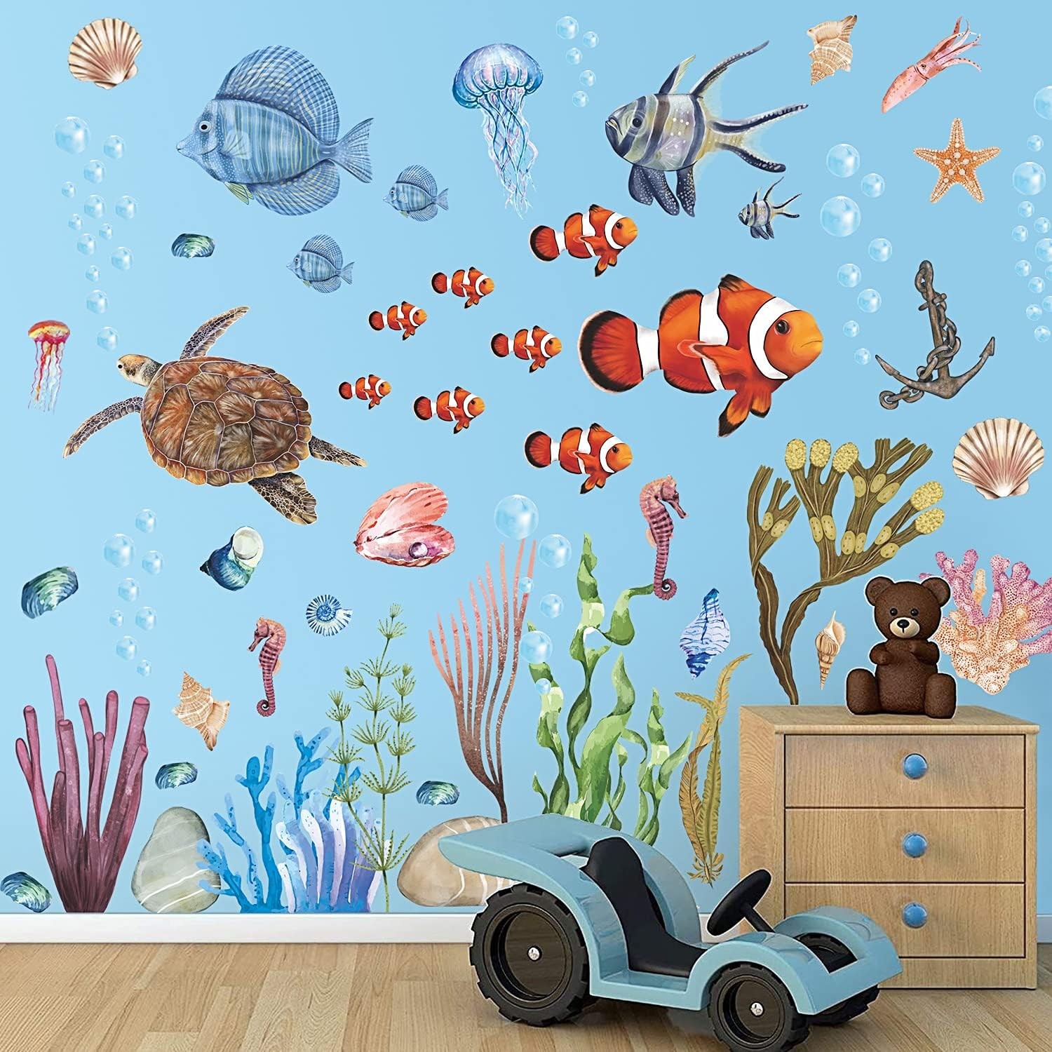 3D Ocean Wall Stickers Under The Sea Decals 12 inch x 18 inch, Blue