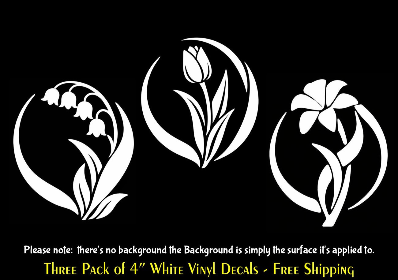 Trio of Spring Flowers Tulip Lilly Three 4″ White Vinyl Decals Any Flat Surface
